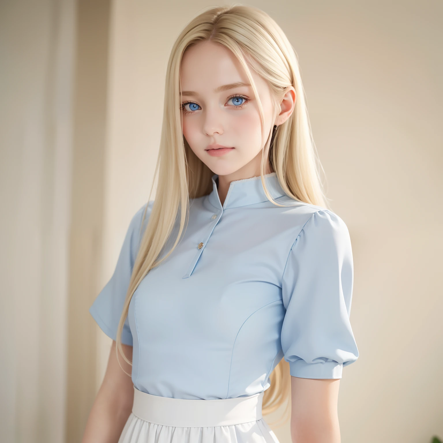Nordic beauty、Beautiful blonde hair、clear pale blue eyes、FULL BODYSHOT、Beautuful Women、16 years old women、Neat and clean uniform、Dainty and classy cute girl、Girl in cute clothes in random colors、Full Body Angle、expressioness、smil、White skin、Random hairstyles、Silk dress