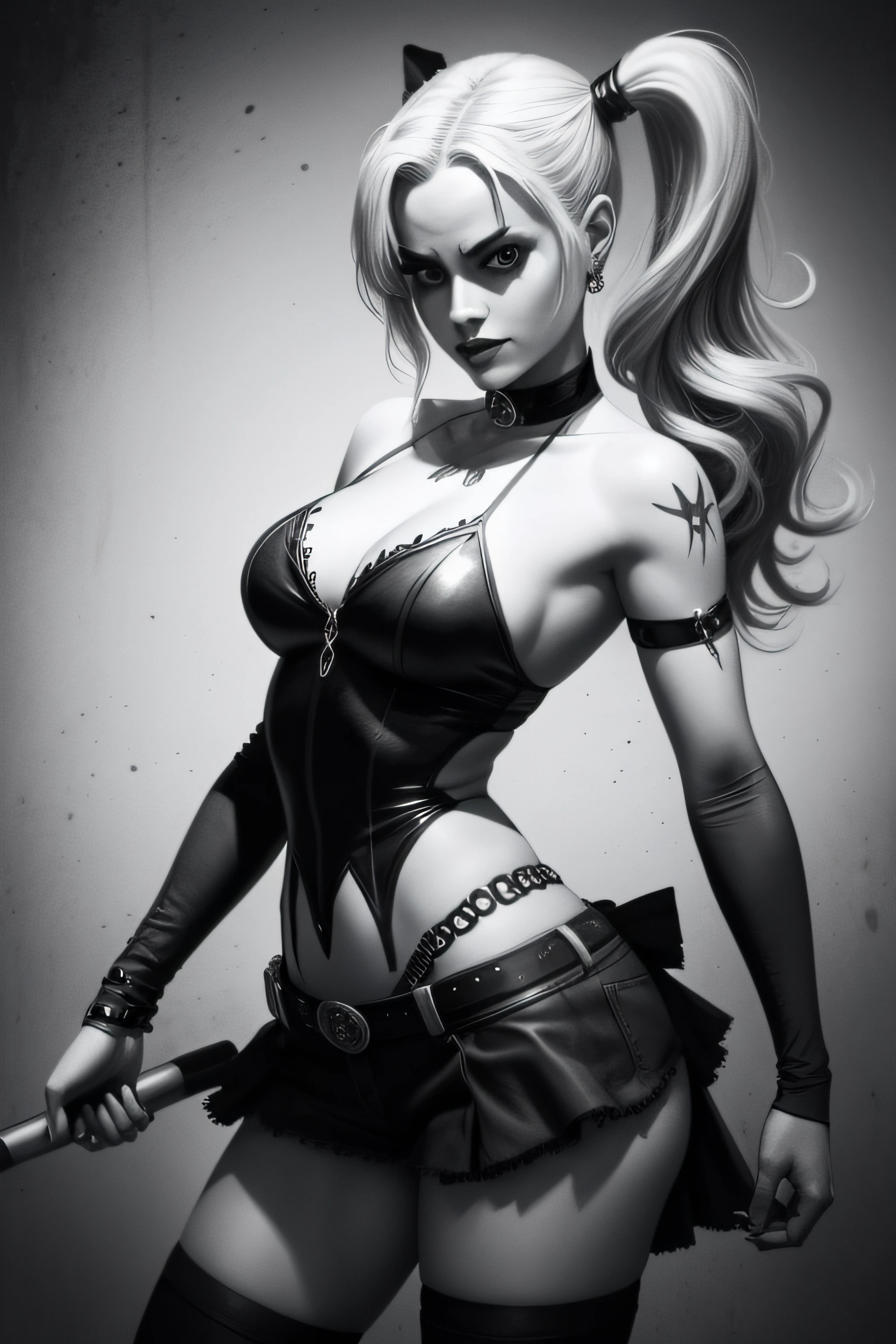 harley quinn, dynamic pose , Grisaille Gothic art, Pencil etchin