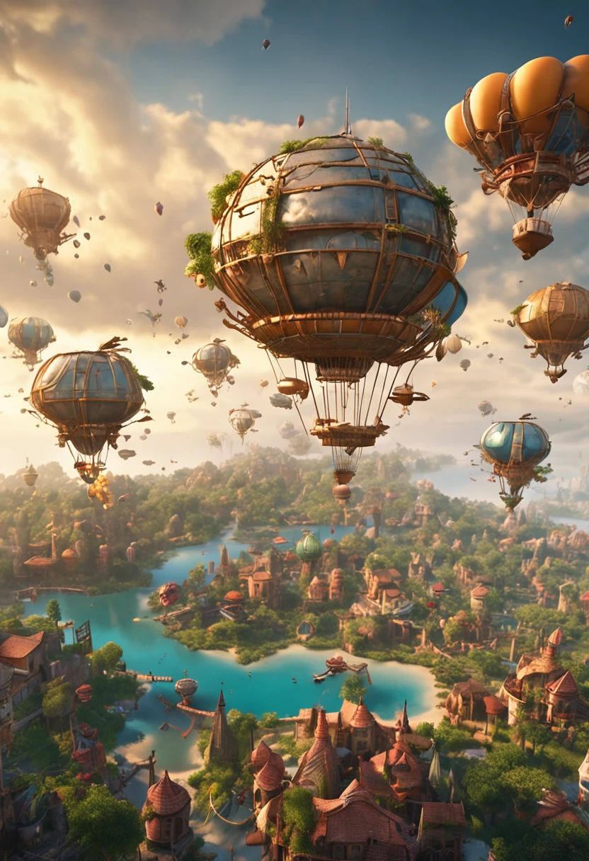 Many islands are suspended in the air with many small airships flying around, cities, fantasy, magical plants growing, extreme details, realistic light, epic composition, (complex details), (complex design, ultra-details :1.2), Art Station, (Masterpiece, Best Quality), Ultra HD, 32k --v 6