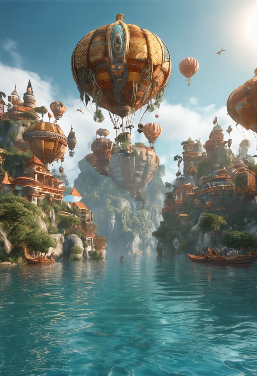 Many islands are suspended in the air with many small airships flying around, cities, fantasy, magical plants growing, extreme details, realistic light, epic composition, (complex details), (complex design, ultra-details :1.2), Art Station, (Masterpiece, Best Quality), Ultra HD, 32k --v 6