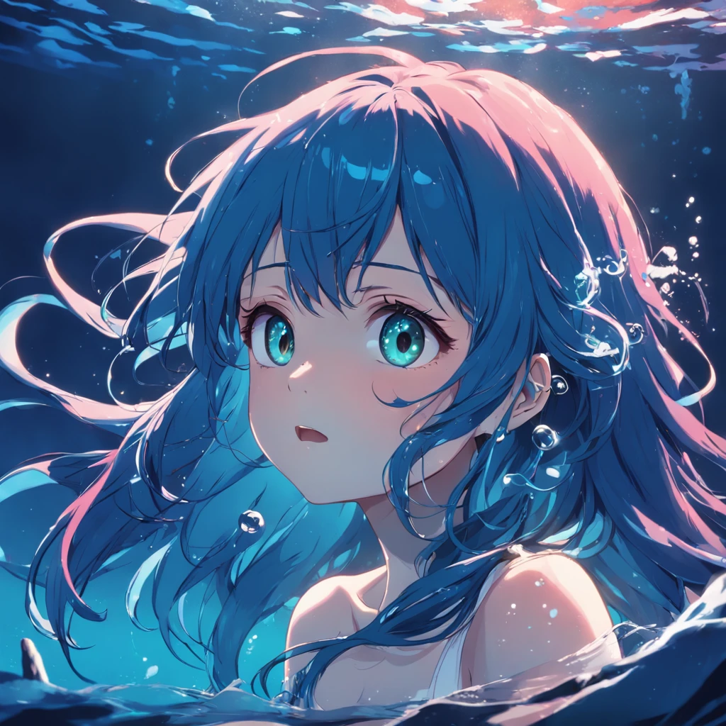 "Gentle Night, girl underwater, blue hair, vivid eyes, reverie, Underwater background, the anime. Bright colors"