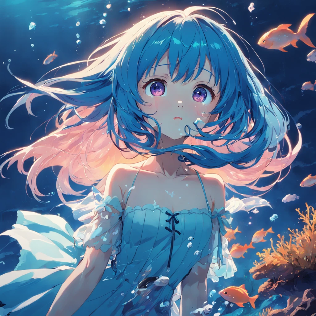 "Gentle Night, girl underwater, blue hair, vivid eyes, reverie, Underwater background, the anime. Bright colors"