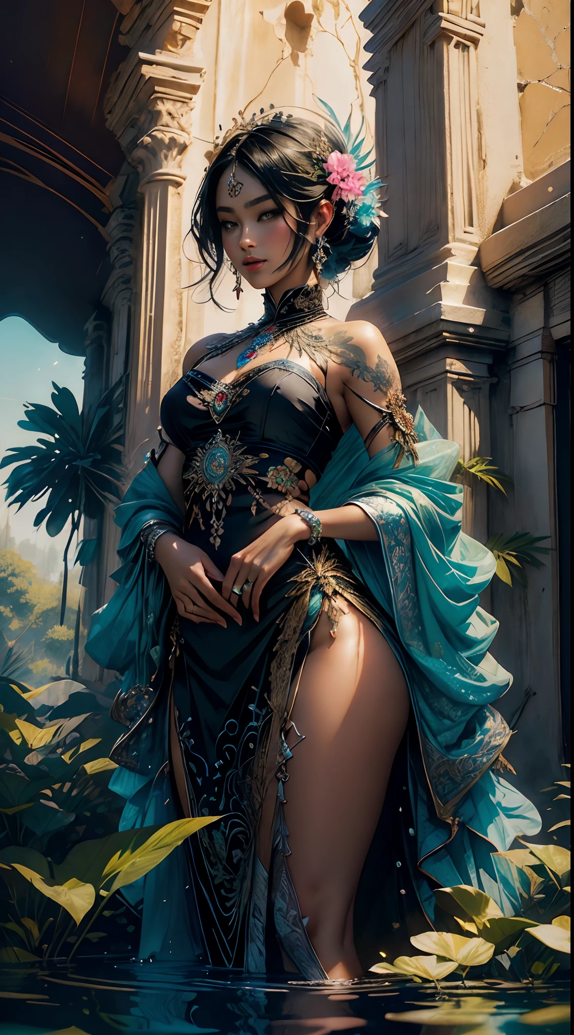 Create a beautiful tree, tree woman With the torso with a feminine silhouette. a perfect female body With green leaves. digital drawing, perfect face, glowing skin, 8k concept art portrait, dynamic, detailed lighting, fractal complex background, alcohol ink drawing. black background with paint splatters, by Hirohiko Araki, Official Art, Unity 8K Wallpaper, Masterpiece, Best Quality, (Zenredar, mandala, tangle, tangle), 1 beautiful platinum and black and gold Caucasian hair girl, Angle dynamic, The Most Beautiful Form of Chaos, elegant, bright colors, romanticism, By James Jean, Takato Yamamoto, Ashley Wood, ecstasy of music notes, transmission of visible music notes, Style Wtrcolor, blown by the wind, Masterpiece, ((watercolor )), paint splatters, intricate details. [drip: 0.7], Trending on Artstation, Rachel Walker, Style-Painting-1900, A beautiful nude woman completely covered in paint floating in a pool, beautiful lighting, beautiful large detailed eyes, Nirvana, relaxed, paint drips, Spirals of Paint, Paint Splatter, (Beautiful Swirls of Paint Swirls), by By Sandra Chevrier, vivid contrasting colors, chromatic aberration, black background, Best Quality, (realistic: 1.2), (high contrast: 1.2), black hair and gold and silver and bronze decoration, goddess of the forest, beautiful caucasian girl close-up, beautiful goddess fused with forest and trees, black hair fused with platinum and gold, girl naked skin wet with water, beautiful visible pubic area, pink pesons, Exposed small breasts, garden pond, mandala and flower tattoos on the naked body, floating antique clock, lamp, lantern, garden pond, visible beautiful pubic area, pink nipples, small breasts in the view, full body, Sakimichan art, oriental mandala tattoo, fractal background, silver and gold and bronze spirit, floating ancient clock, ancient lamp, faint smile, view from below, towering goddess, nude female body fused into forest vines and leaves of trees, roman column, ancient temple with garden and pond