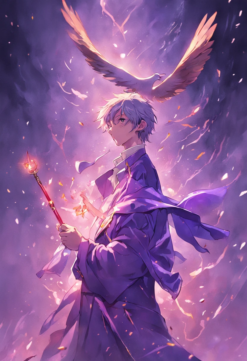 "(Muitos detalhes, qualidade de obra-prima), Realistic tattoo illustration, A seagull wearing purple wizard clothes and holding a magic wand"