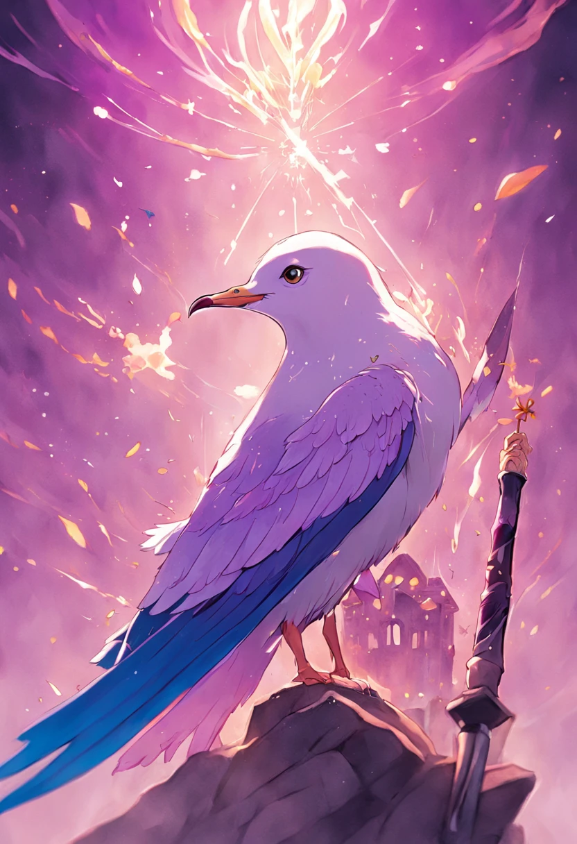 "(Muitos detalhes, qualidade de obra-prima), Realistic tattoo illustration, A seagull wearing purple wizard clothes and holding a magic wand"