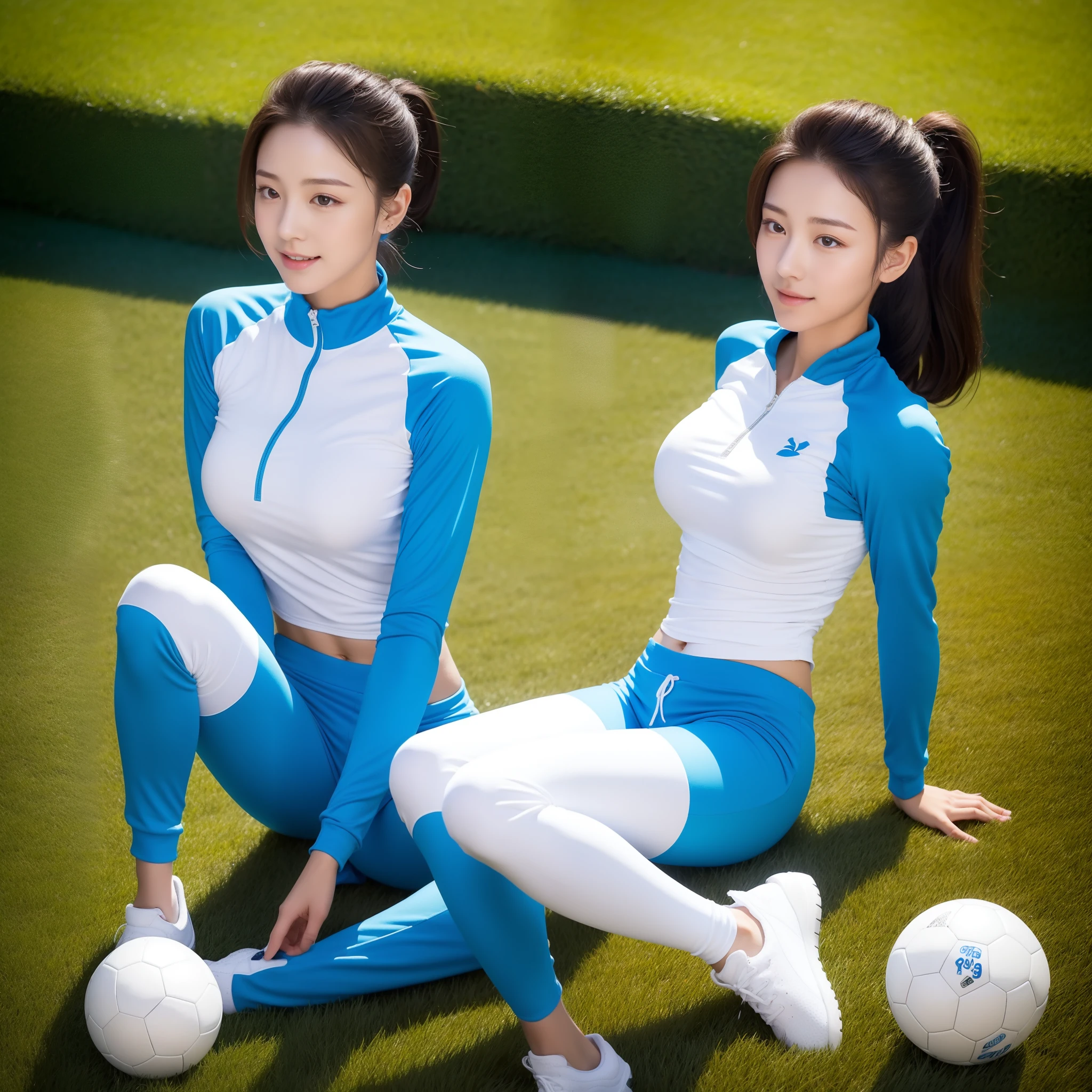 1 very beautiful female high school student，Wear blue and white tracksuits，Lying on the grass of a football field playing with a ball，（Lie on the grass:1.02），Super high value，perfect body figure，Beautiful short ponytail，Delicate hair，Fair face and skin，Beads of sweat on the forehead，Have fun on the playground，（（（The chest is huge））），Breasts are full and straight:1.5，（The tracksuit on the chest is high and bulging, Tightness and bulging:1.5），Delicate fair and soft toes，White and delicate fingers，（Delicate sneakers:1.5），Focus on the chest，fully body photo