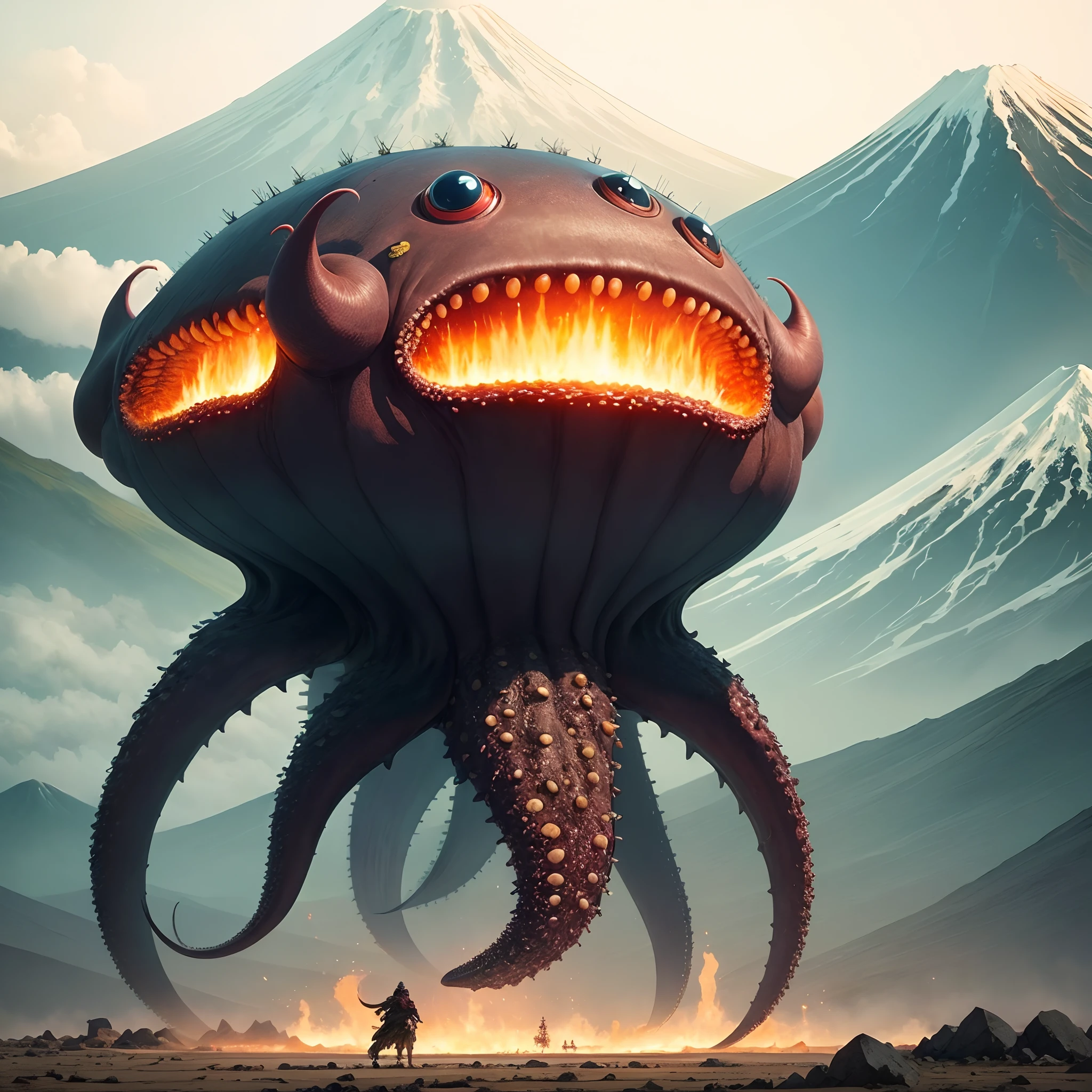 A nuclear power plant under Mt. Fuji ,Huge mutated octopus, Best quality, Masterpiece, Super detail, High details,Science fiction disaster film