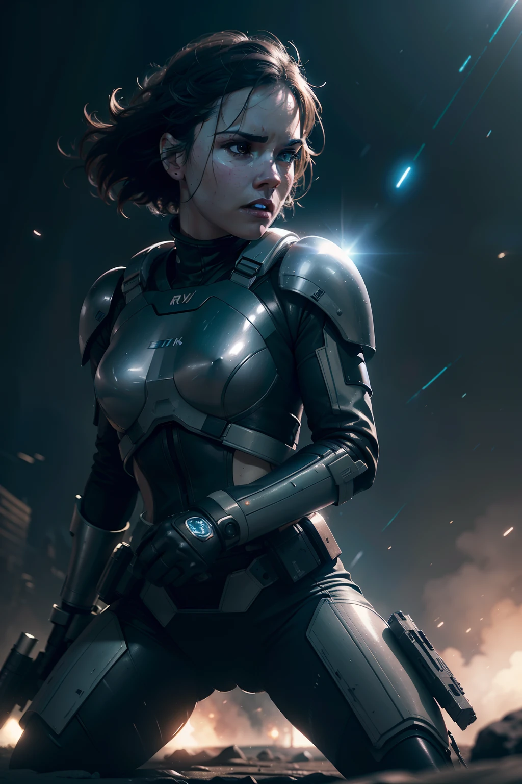 a close up action of epic Sci fi hot Daisy Ridley fighting, Detailed clothing details, Liquid effect, space, Interstellar battlefield photography, natural light, photorealism, cinematic rendering, ray tracing, the highest quality, the highest detail, Cinematic, Third-Person View, Blur Effect, Long Exposure, 8K, Ultra-HD, Natural Lighting, Moody Lighting, Cinematic Lighting