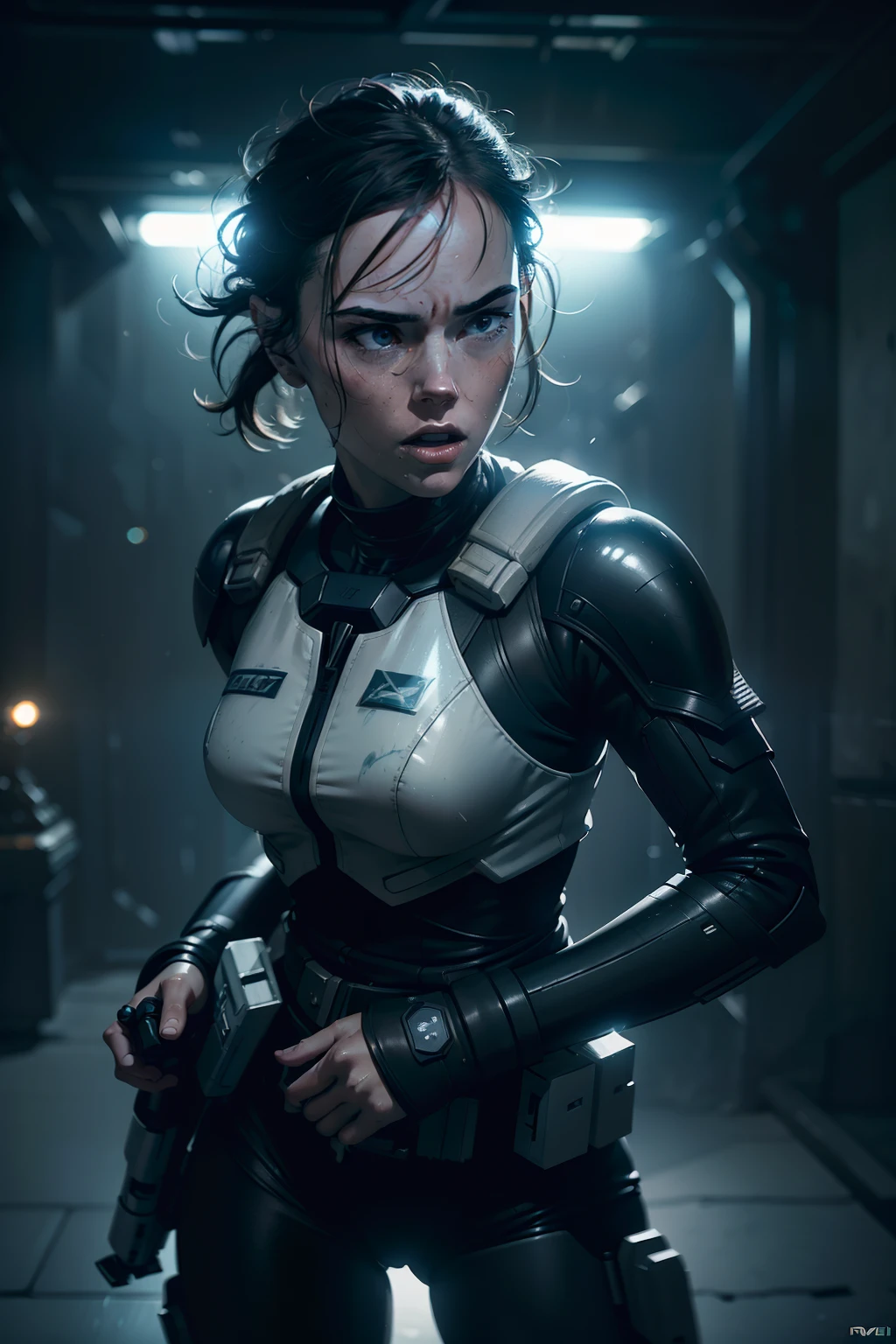 a close up action of epic Sci fi hot Daisy Ridley fighting, Detailed clothing details, Liquid effect, space, Interstellar battlefield photography, natural light, photorealism, cinematic rendering, ray tracing, the highest quality, the highest detail, Cinematic, Third-Person View, Blur Effect, Long Exposure, 8K, Ultra-HD, Natural Lighting, Moody Lighting, Cinematic Lighting