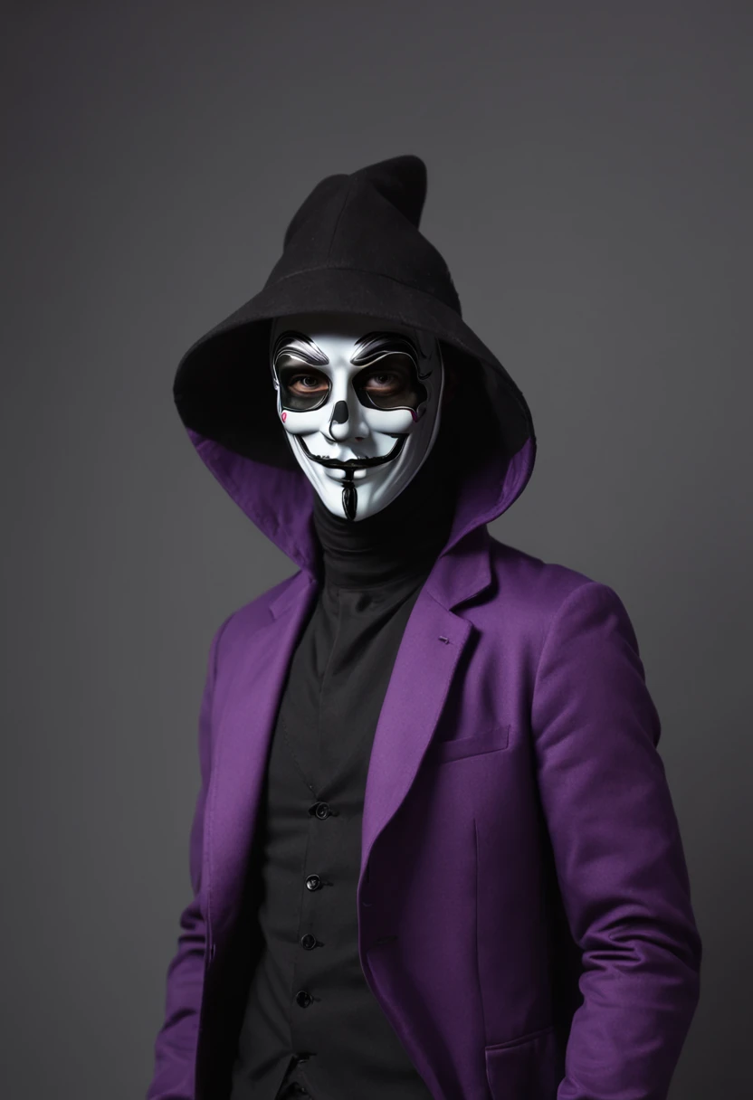 hacker wearing a purple suit with a black overcoat on top, with a neon halloween mask with the Greek letter Δ