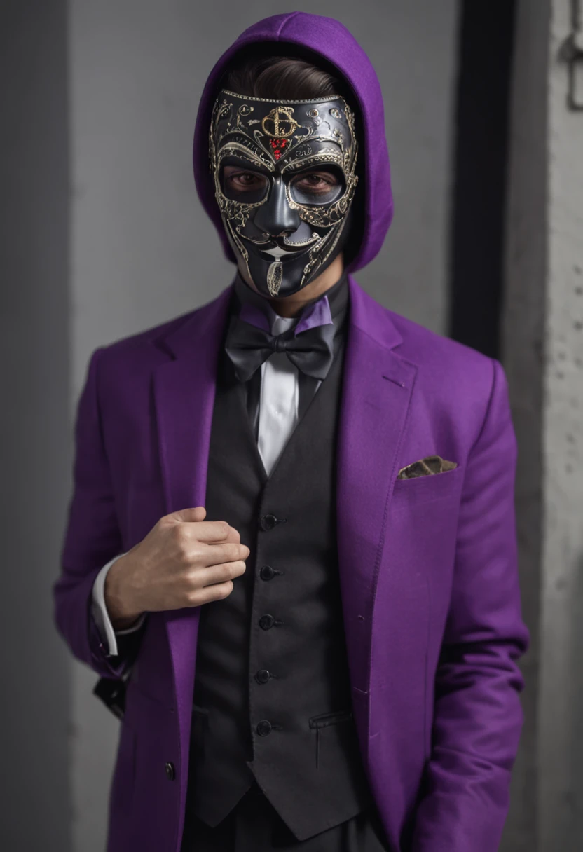 hacker wearing a purple suit with a black overcoat on top, with a neon halloween mask with the Greek letter Δ