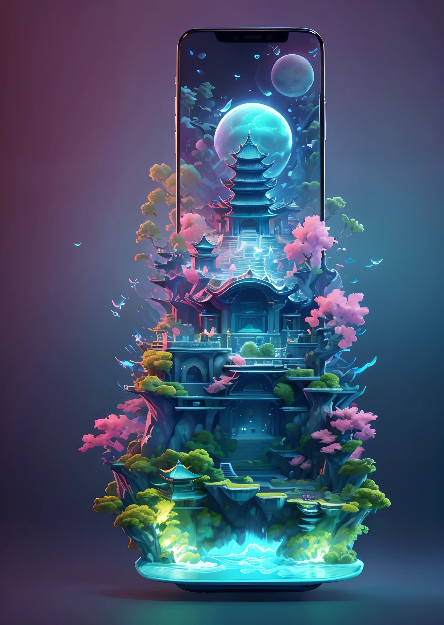 With the phone as the background，Three-dimensional feeling，3D stereoscopic，tmasterpiece，Best quality at best，Extremely beautiful reflection，The best reflections。（Very detailed CG unity 8K wallpaper），（Best quality at best），（The best illustrations），（The best shadow），Forest theme with natural elements。Tall trees，quiet streams，Glowing small mushrooms，surrounded by exquisite leaves and branches，There are also fireflies and glowing particle effects，，（nature elements），（Jungle theme），（Foliage），（tree branch），（glowworm），butterflys，（exquisite leaves），（with light glowing），（Particle effect）。 , Isometric 3D, Octane rendering, Ray traching, ultra-detailliert