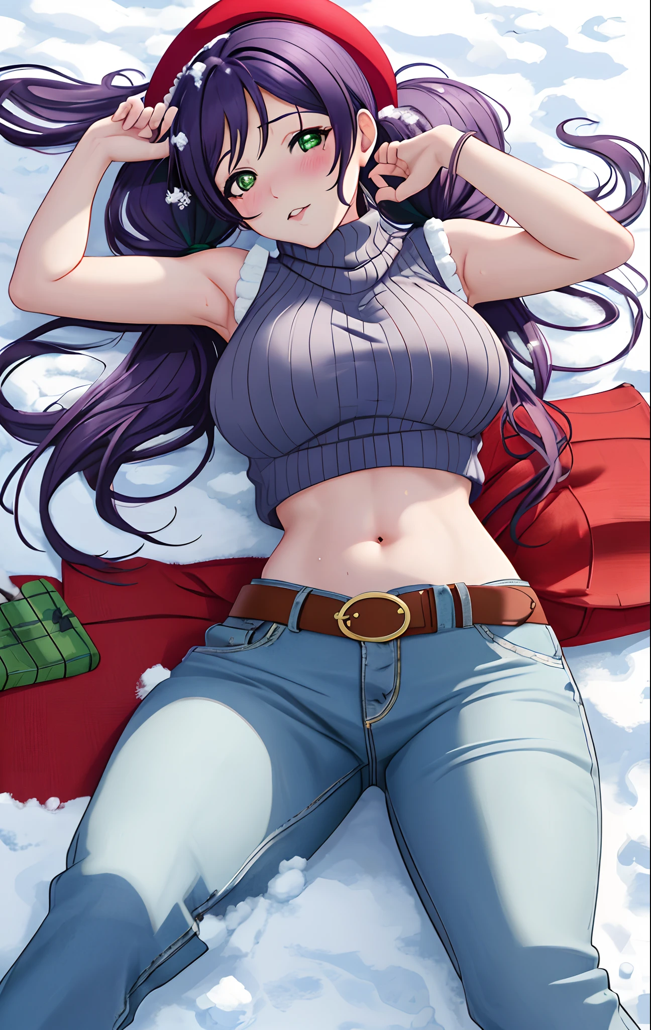 Toujo nozomi, green eyes, low twintails, sweater, sleeveless,midriff,(sexy navel),red moist navel,denim pants,belt, hips, llchar,big breasts, outdoors, laying on ground, pov,snow, blushing,arm up, underboobs,(cum on body:1.2)