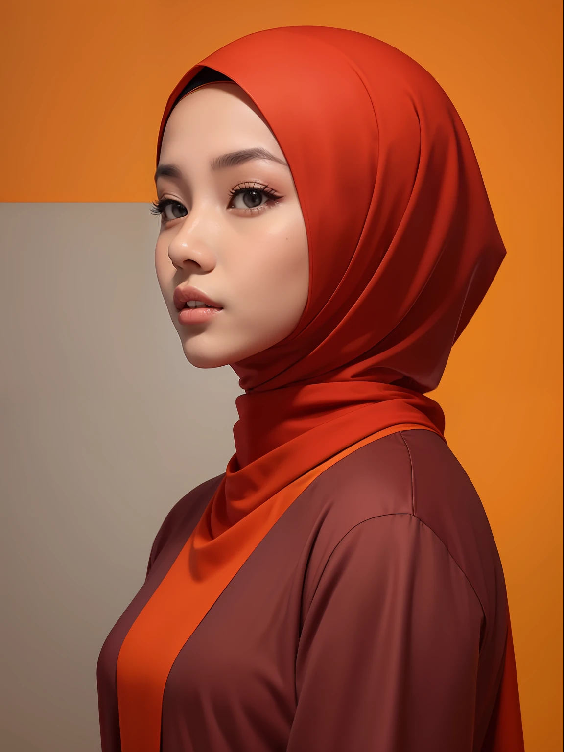 Malay woman in a red shirt and a gray skirt, in front of an orange background, wearing red and yellow clothes, headshot profile picture, hijab, mira filzah, full protrait, on a yellow canva, protrait, portrait shot, photo of young woman, photo of a woman, potrait, mid shot portrait, in red background