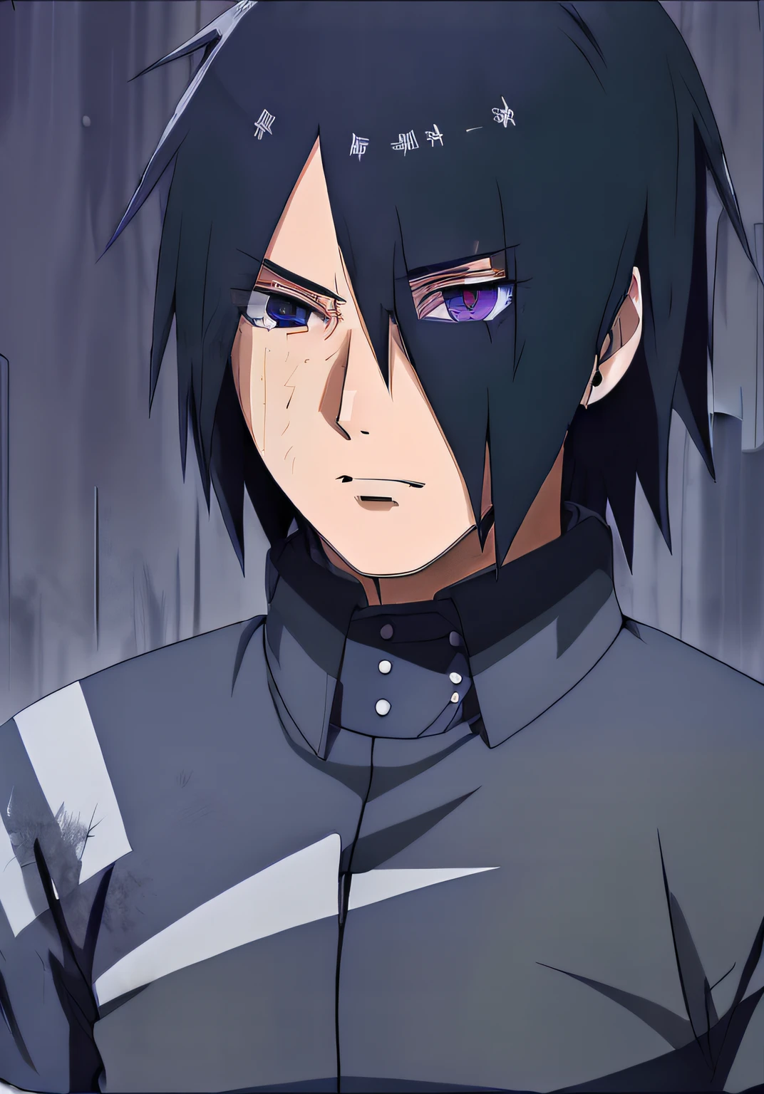 Sasuke Boruto, macho masculino, macho musculoso, cabelo preto, peitorais grandes, capa azul fechada com colete roxo por baixo, camisa cinza de manga longa, solo, ao ar livre, chuva, cidade neon, olhos vermelhos, volumeric lighting, melhor qualidade, obra-prima, detalhes intrincados , mapeamento de tom, foco nítido, hiper detalhado, realista, explosoes