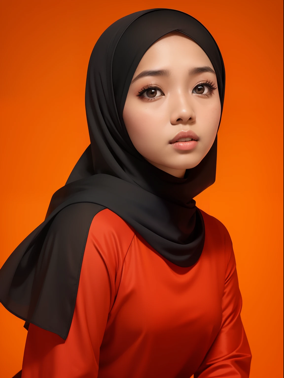 Malay woman in a red shirt and a gray skirt, in front of an orange background, wearing red and yellow clothes, headshot profile picture, hijab, mira filzah, full protrait, on a yellow canva, protrait, portrait shot, photo of young woman, photo of a woman, potrait, mid shot portrait, in red background