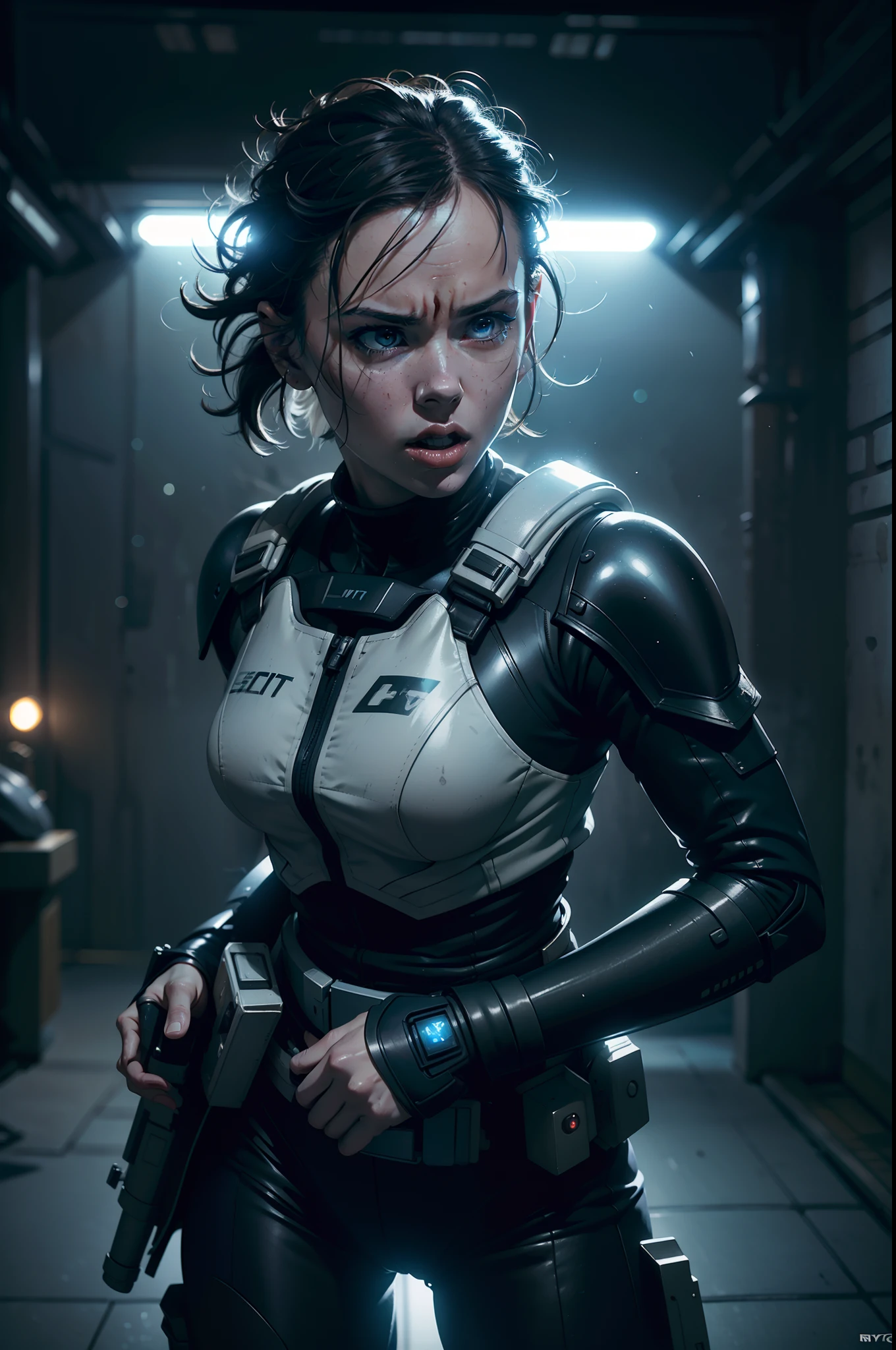 a close up action of epic Sci fi hot Daisy Ridley fighting, Detailed clothing details, Liquid effect, space, Interstellar battlefield photography, natural light, photorealism, cinematic rendering, ray tracing, the highest quality, the highest detail, Cinematic, Third-Person View, Blur Effect, Long Exposure, 8K, Ultra-HD, Natural Lighting, Moody Lighting, Cinematic Lighting