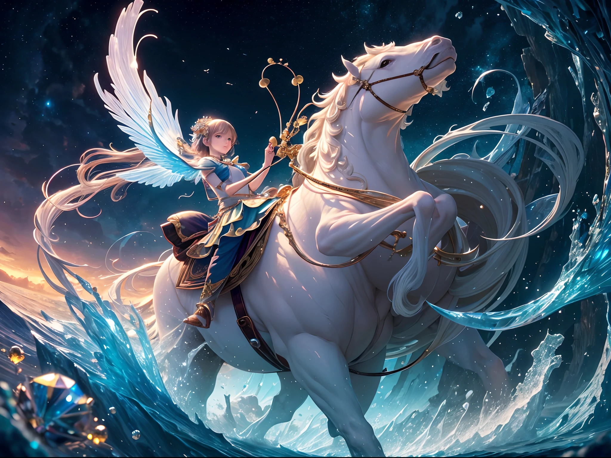 (Masterpiece, Top Quality, Best Quality, Ultimate Detail, Highest Detail, Official Art, Beauty & Aesthetics: 1.2), Golden Ratio, Full Composition, official art, Unity 8k wallpaper, super detailed, beautiful, (fractal art: 1.4), the school girl is riding on the white turtle, flying over the town, full body, crystallineAI, from below, splash,crystal,rainbow
