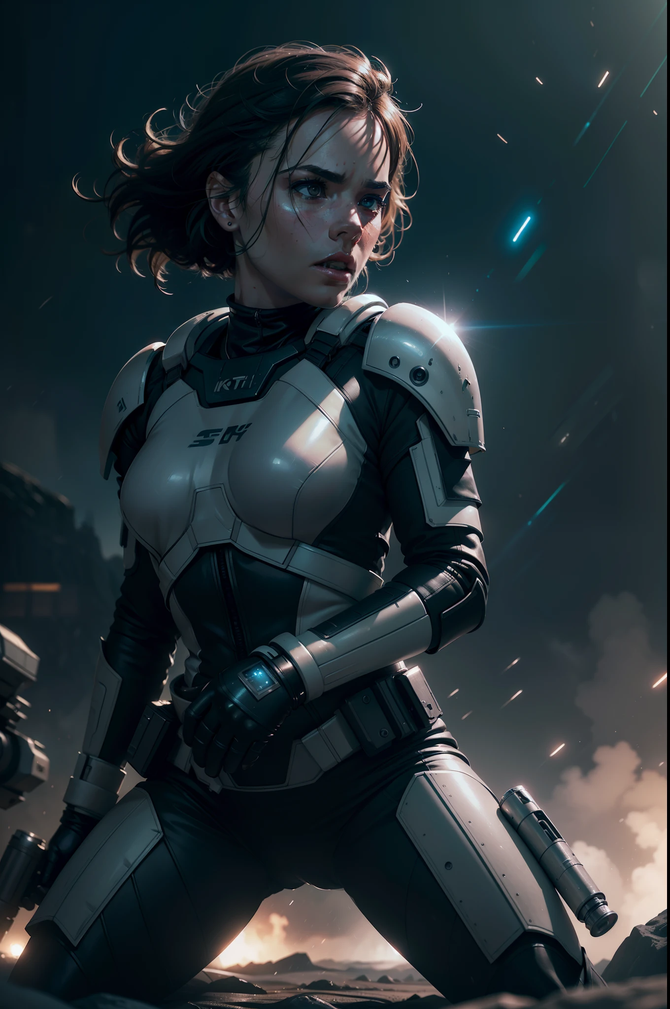 a close up action of epic Sci fi hot Daisy Ridley fighting, Detailed clothing details, Liquid effect, space, Interstellar battlefield photography, natural light, photorealism, cinematic rendering, ray tracing, the highest quality, the highest detail, Cinematic, Third-Person View, Blur Effect, Long Exposure, 8K, Ultra-HD, Natural Lighting, Moody Lighting, Cinematic Lighting