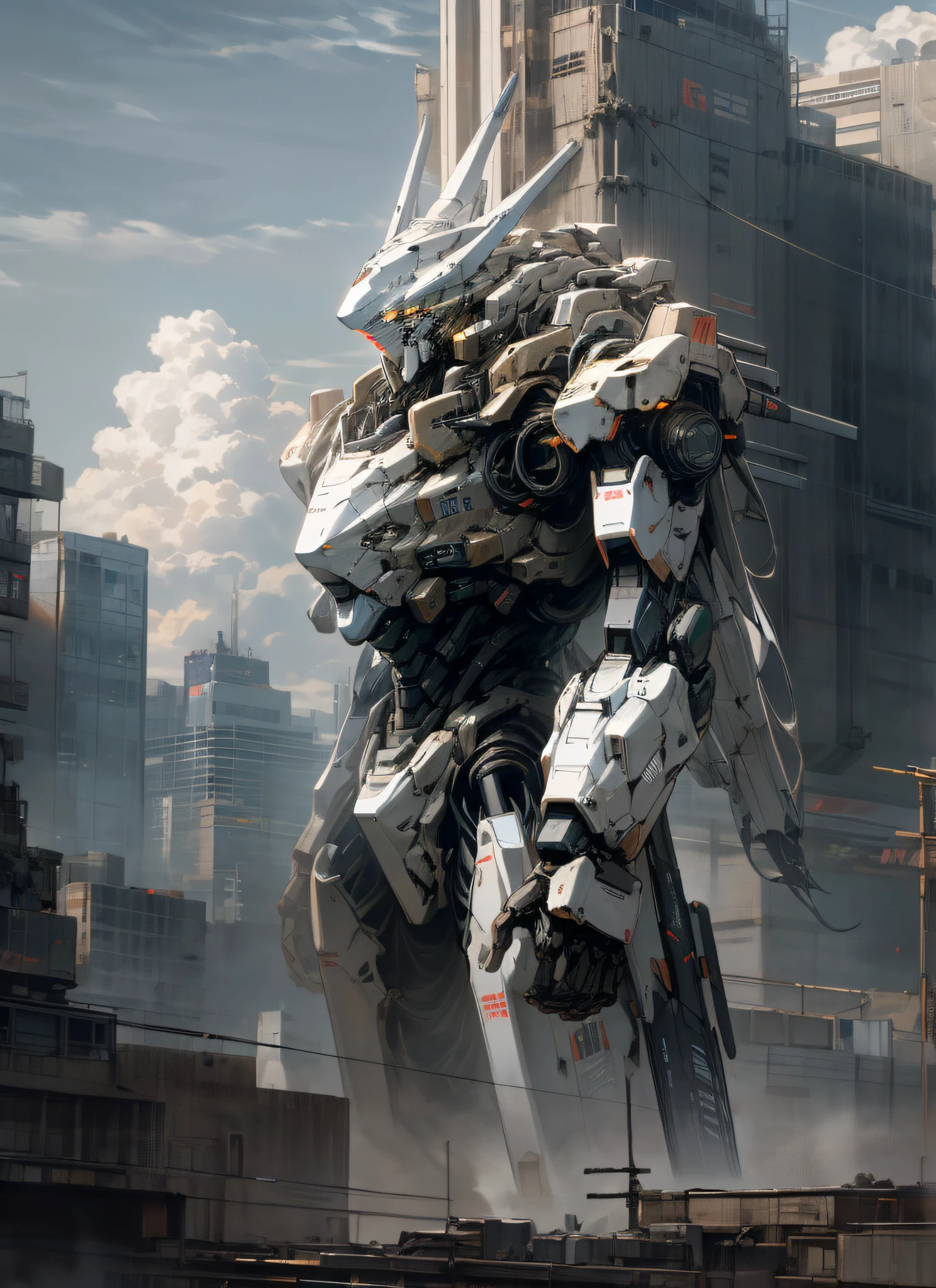 there is a giant robot that is standing in the air, alexandre ferra white mecha, painterly humanoid mecha, mecha asthetic, white mecha, mecha art, metal gear mech, alexandre ferra mecha, cool mecha style, full body mech, an anime large mecha robot, high quality digital concept art