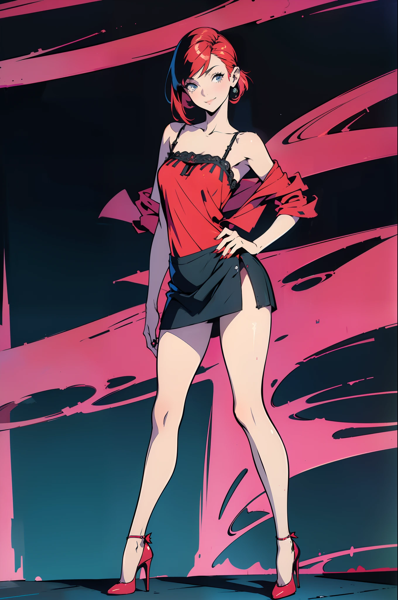 ((Best Quality)), ((Masterpiece)), ((Realistic)) 19 year old, redhead girl, shoulder length hair, relaxed happy face ((slender)) (busty) ((long legs)) ((high heels)) ((( nightie dress ))) ((( mini skirt ))) ((sexy )) cyberpunk attire, textured pixie haircut , full shot. beautiful face,