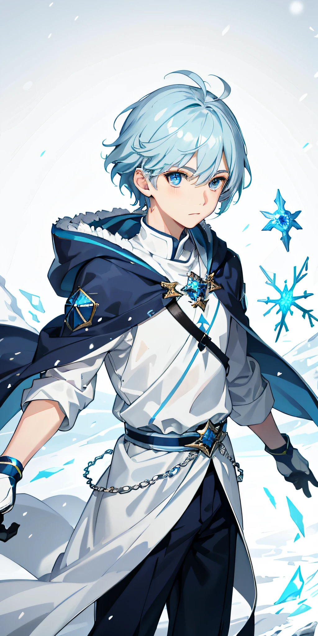 ung boy,Light blue anime short hair,blue color eyes,Blue and white delicate hood,Snowflake pattern,It was snowing heavily,Ice Mage,tmasterpiece