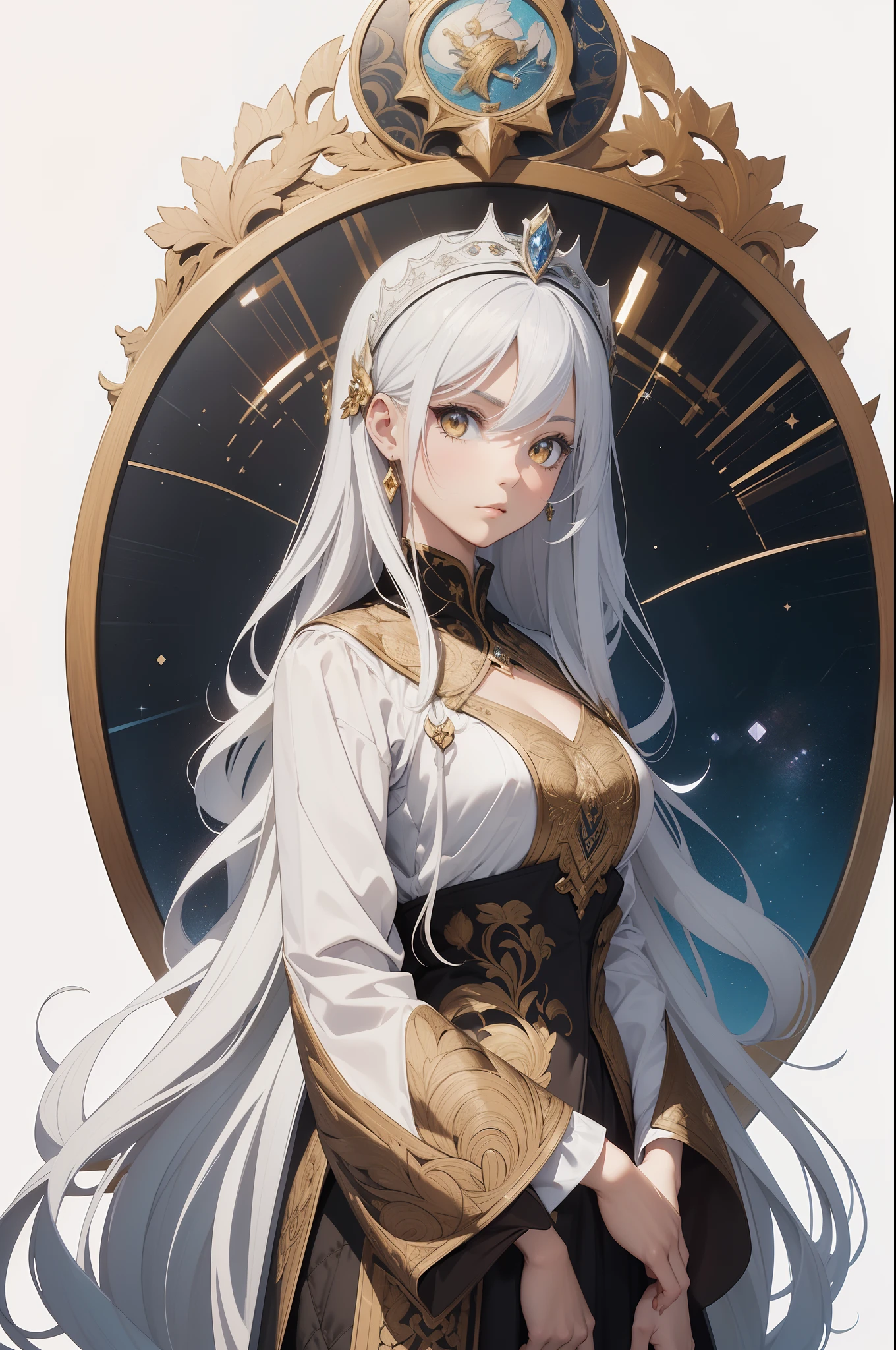 (Masterpiece), (best quality), (White background:1.4),(Silhouette of a girl's head, determined face, looking to the viewers, colorful long straight hair, medieval elements),(big yellow crystal eyes), (long silver straight hair), (art nouveau style illustration:1.3,paper art:1.3, Quilted paper art:1.2),( reasonable design, Clear lines, High sharpness,Best quality, Very detailed, Masterpiece, movie light effect, 4K ), (3D)