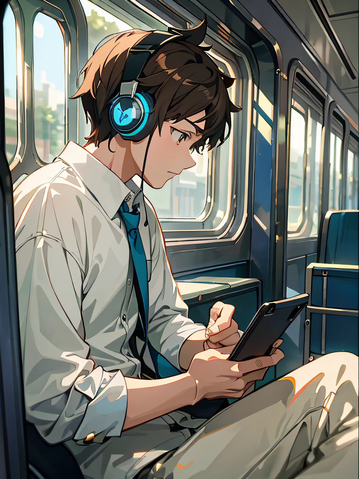 There's a man sitting on a bus with headphones on., Digital anime illustration, Estilo Makoto Shinkai, estilo anime moderno, Makoto Shinkai Estilo de Arte, jovem homem de anime, arte anime de alta qualidade, Makoto Shinkai. digital render, arte de anime digital, estilo anime muito moderno, com fones de ouvido, Kawacy, arte de anime digital detalhada, com fones de ouvido