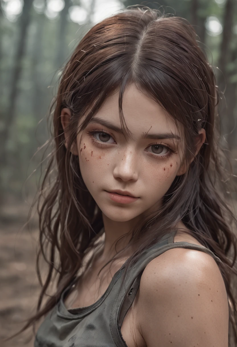 A stunning 18-year-old woman in a post-apocalyptic wilderness, sobrevivente, roupas sujas rasgadas, rosto e corpo sujos, cabelo sujo, lixo, olhar despenteado, Duro, Ligaduras, Luvas, Camiseta da Regata, colete, military pants, Badass, rosto detalhado, Rosto realista, olhos realistas, ((normal hands)), ((corpo inteiro)), ::post-apocalyptic style, intrincado, Ultra Detalhado, obra-prima, elegante, deslumbrante, (papel de parede), arte conceitual, detalhes intrincados, altamente detalhado, ((cinemactic)), Dramatic, (mais alta qualidade, Concedido, obra-prima:1.5), (fotorrealista:1.5), fotografia, Realistic photo, Nikon, Luz Natural, 4k, highes definition, XF IQ4, 150MP, 50 millimeters, ISO 1000 Certification, 1/Anos 250, Luz Natural, Adobe Lightroom, photolab, Photographic Affinity, PhotoDirector 365, ::n_style (((deformed hands))), ((rosto deformado)), Pintura digital,