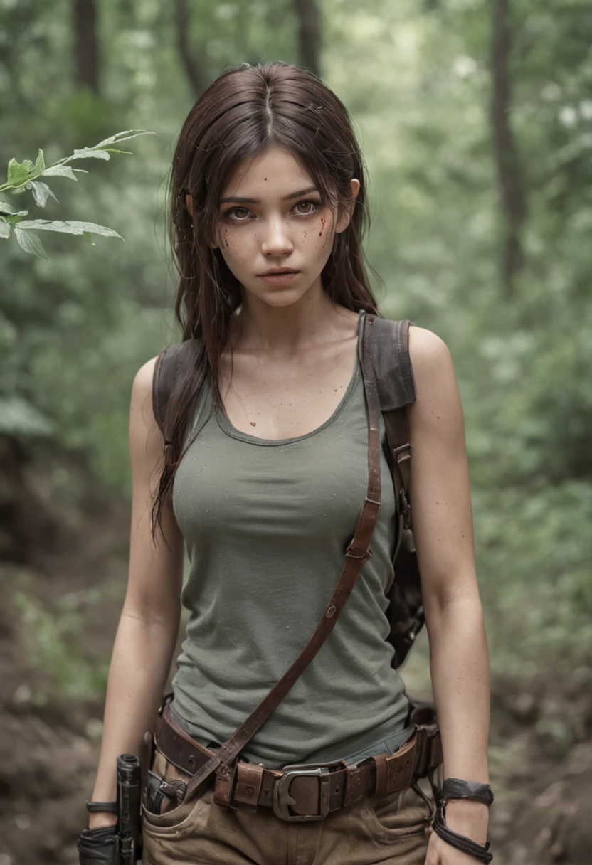 A stunning 18-year-old woman in a post-apocalyptic wilderness, sobrevivente, roupas sujas rasgadas, rosto e corpo sujos, cabelo sujo, lixo, olhar despenteado, Duro, Ligaduras, Luvas, Camiseta da Regata, colete, military pants, Badass, rosto detalhado, Rosto realista, olhos realistas, ((normal hands)), ((corpo inteiro)), ::post-apocalyptic style, intrincado, Ultra Detalhado, obra-prima, elegante, deslumbrante, (papel de parede), arte conceitual, detalhes intrincados, altamente detalhado, ((cinemactic)), Dramatic, (mais alta qualidade, Concedido, obra-prima:1.5), (fotorrealista:1.5), fotografia, Realistic photo, Nikon, Luz Natural, 4k, highes definition, XF IQ4, 150MP, 50 millimeters, ISO 1000 Certification, 1/Anos 250, Luz Natural, Adobe Lightroom, photolab, Photographic Affinity, PhotoDirector 365, ::n_style (((deformed hands))), ((rosto deformado)), Pintura digital,