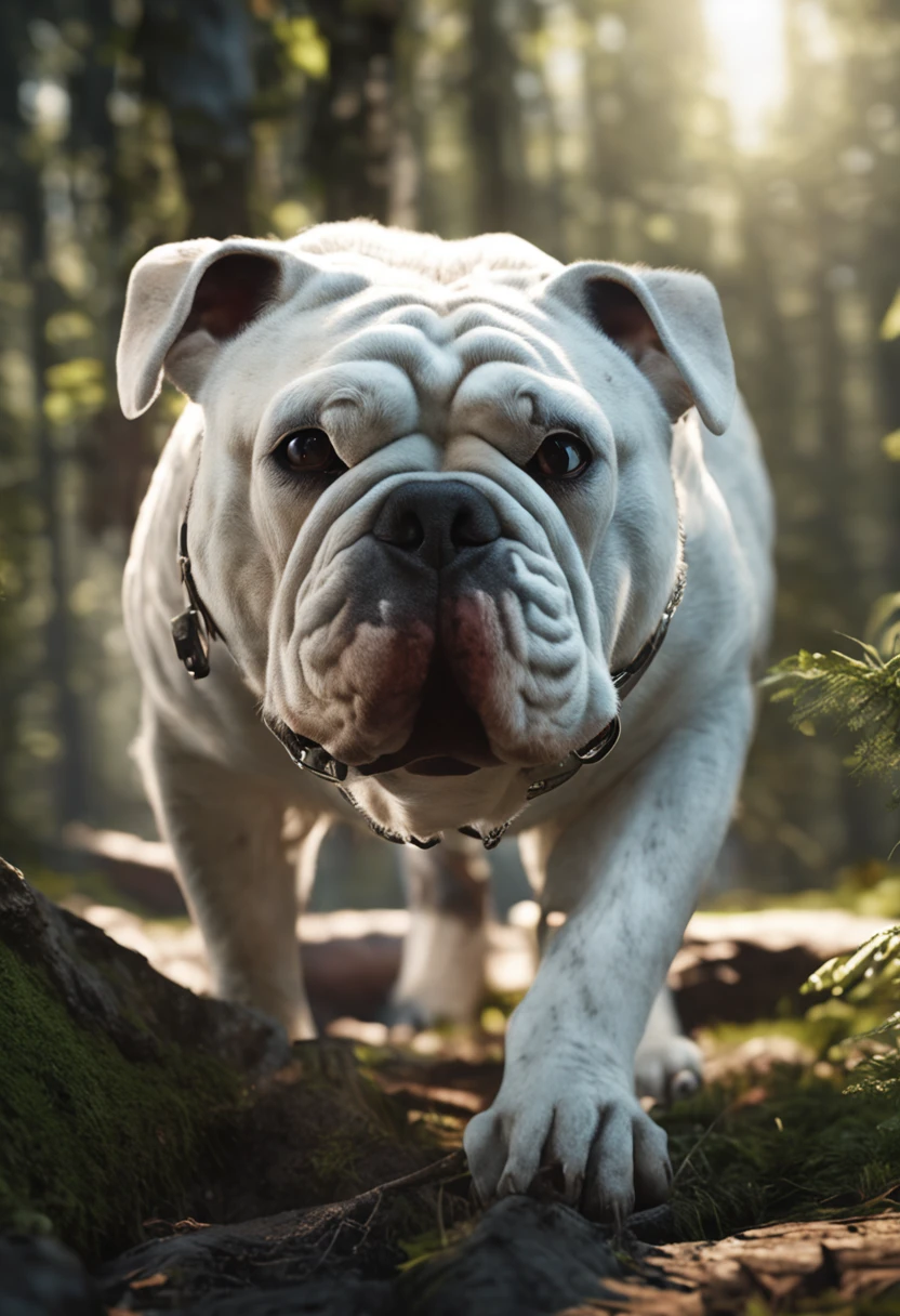 photorealistic, "smiling white bull dog" in middle of the forest close to the tree, 8k realistic cinematik uhd 16:9 , Miki Asai Macro photography, close-up, hyper detailed, trending on artstation, sharp focus, studio photo, intricate details, highly detailed, by greg rutkowski,Movie Still,greg rutkowski,Xxmix_Catecat,Leonardo Style