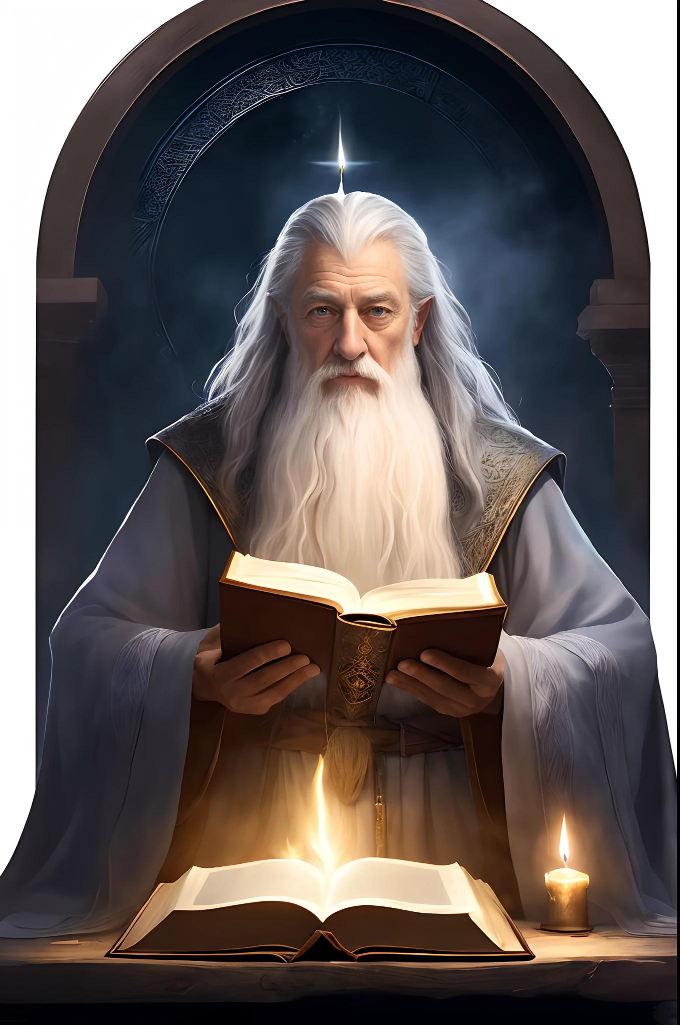 Arafad image of a man holding a book and a candle, A portrait of a wizard, an arcane wizard casting a spell, portrait of gandalf, wizard casting a spell, male wizard, spell casting wizard, wizard reading a directory, Gandalf (lotr, closeup portrait of an mage, gandalf the white, portrait of merlin, portrait of a mage