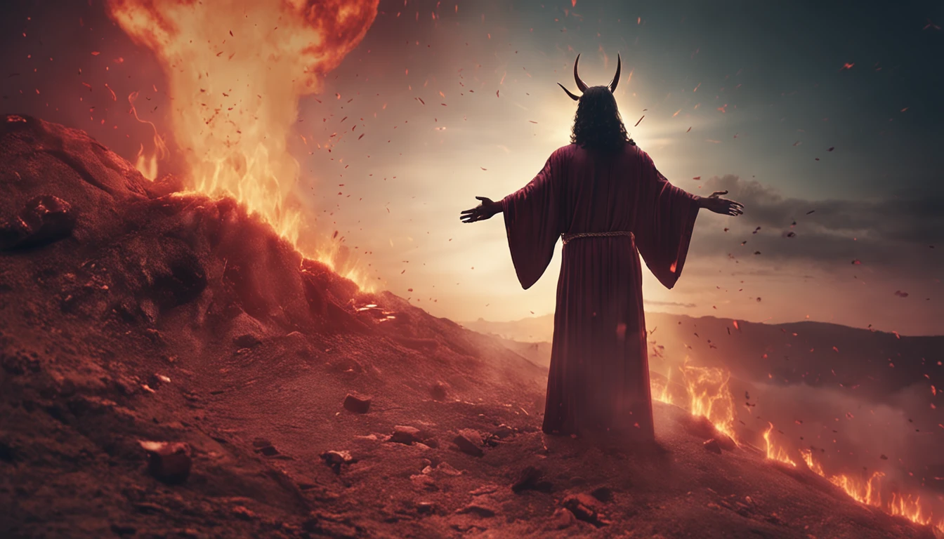 Uma imagem epica de Jesus Cristo encarando de frente Satanas. ((imagem epica)), ((alta qualidade))