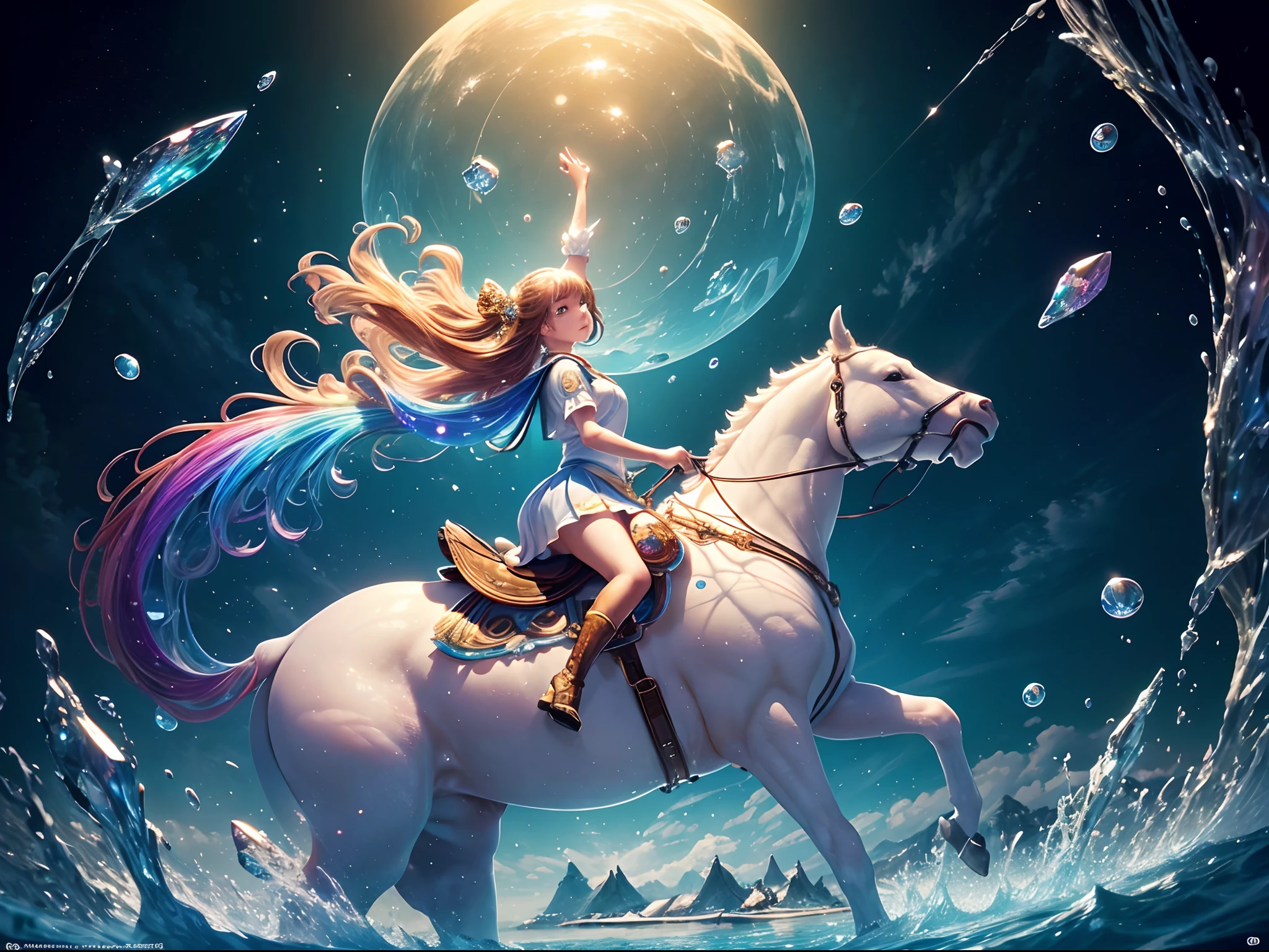 (Masterpiece, Top Quality, Best Quality, Ultimate Detail, Highest Detail, Official Art, Beauty & Aesthetics: 1.2), Golden Ratio, Full Composition, official art, Unity 8k wallpaper, super detailed, beautiful, (fractal art: 1.4), the school girl is riding on the white turtle, flying over the town, full body, crystallineAI, from below, splash,crystal,rainbow