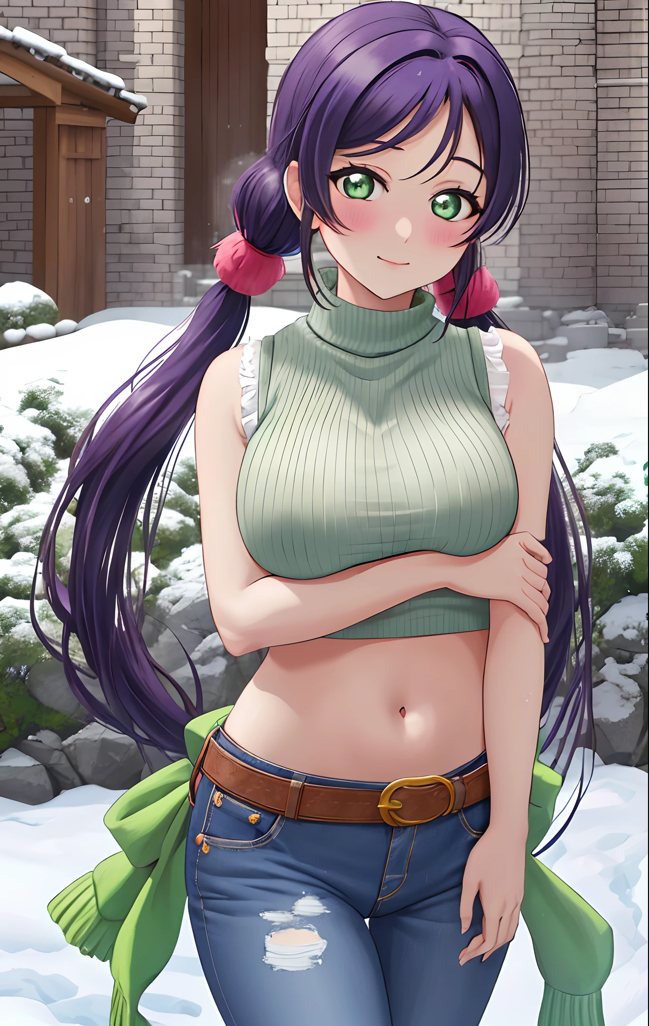 Toujo nozomi, green eyes, low twintails, sweater, sleeveless,midriff,(sexy navel),red moist navel,denim pants,belt, hips, llchar,big breasts, outdoors, arms behind,snow, blushing, standing