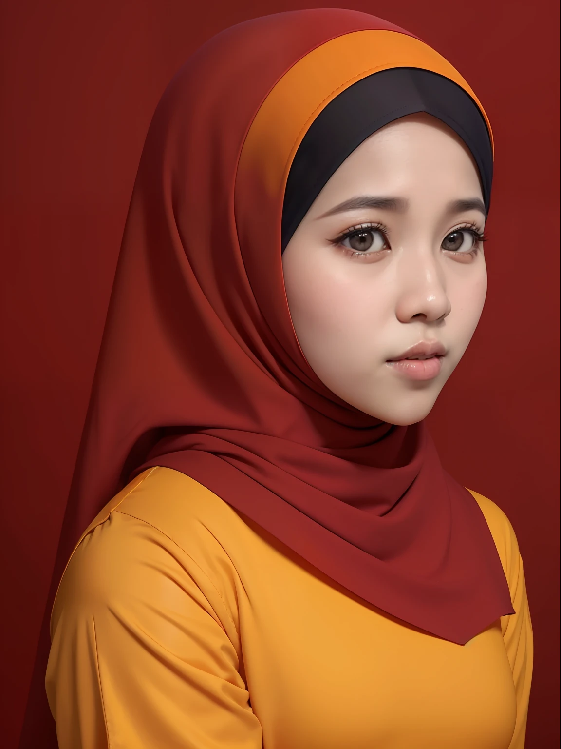 Malay woman in a red shirt and a gray skirt, in front of an orange background, wearing red and yellow clothes, headshot profile picture, hijab, (mira filzah:1.5), full protrait, on a yellow canva, protrait, portrait shot, photo of young woman, photo of a woman, portrait, mid shot portrait, in red background