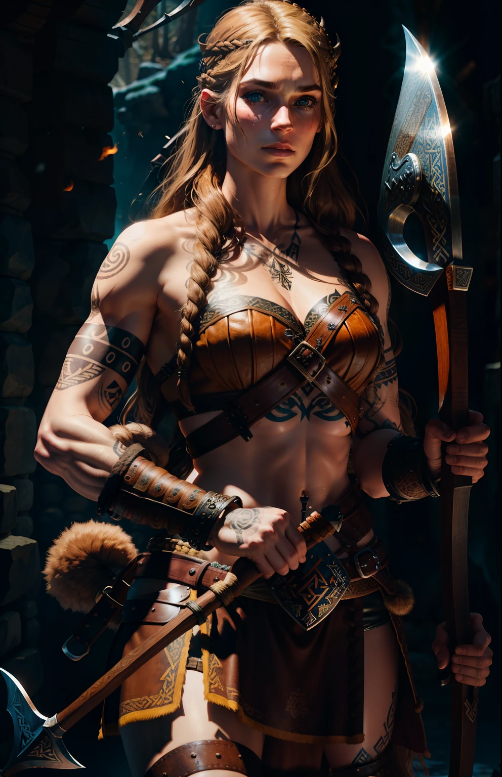 Youtube thumbnail, Viking female warrior, with a Viking style tattoo on her body, long brown hair, delicate face, holding a Viking battle axe, leather equipment, highly detailed, complex details, volumetric lighting, 4K rendering, ultra-realistic, realistic textures,