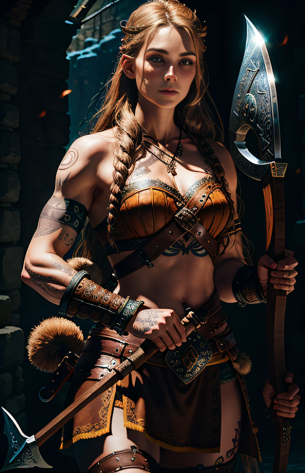 Youtube thumbnail, Viking female warrior, with a Viking style tattoo on her body, long brown hair, delicate face, holding a Viking battle axe, leather equipment, highly detailed, complex details, volumetric lighting, 4K rendering, ultra-realistic, realistic textures,