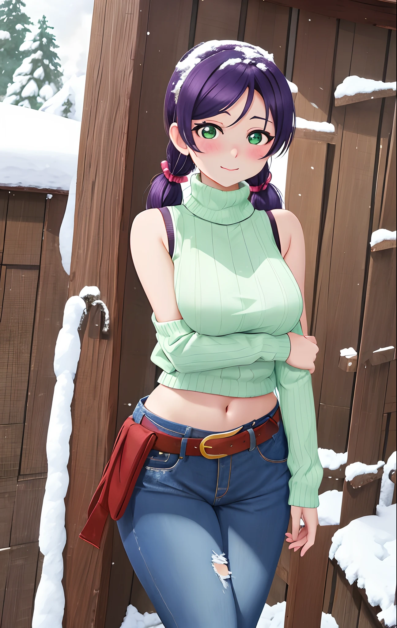 Toujo nozomi, green eyes, low twintails, sweater, sleeveless,midriff,(sexy navel),red moist navel,denim pants,belt, hips, llchar,big breasts, outdoors, arms behind,snow, blushing, standing