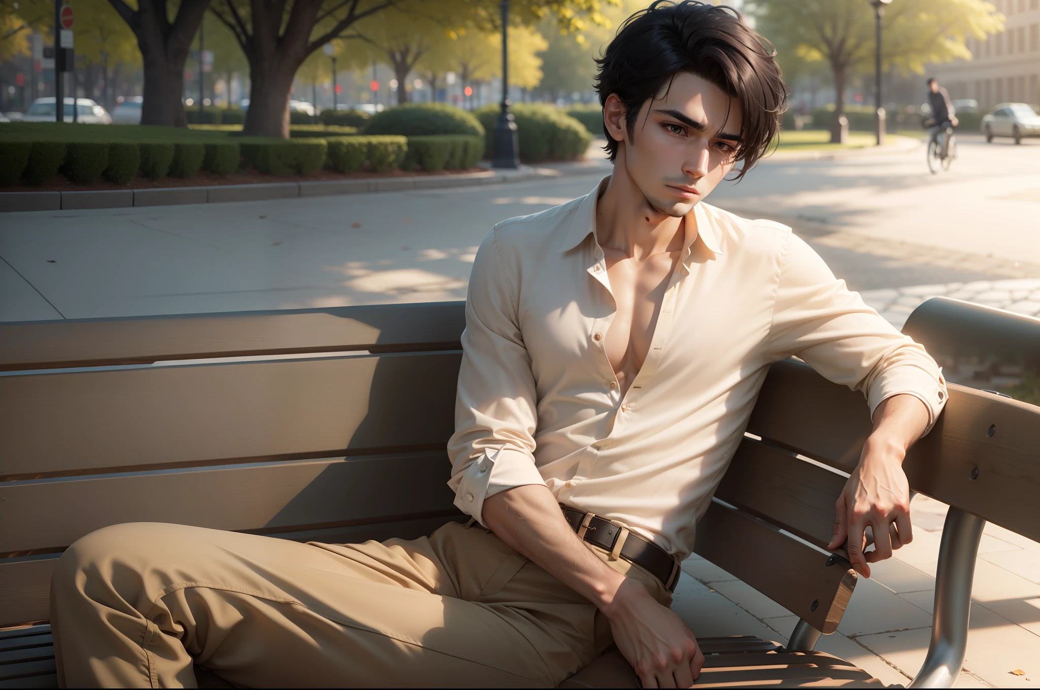 Ultra realistic 8k image of a slim 25 year old man, short black hair, dressed in a beige button-up blouse and beige pants, tired face, waking up on a park bench in the morning