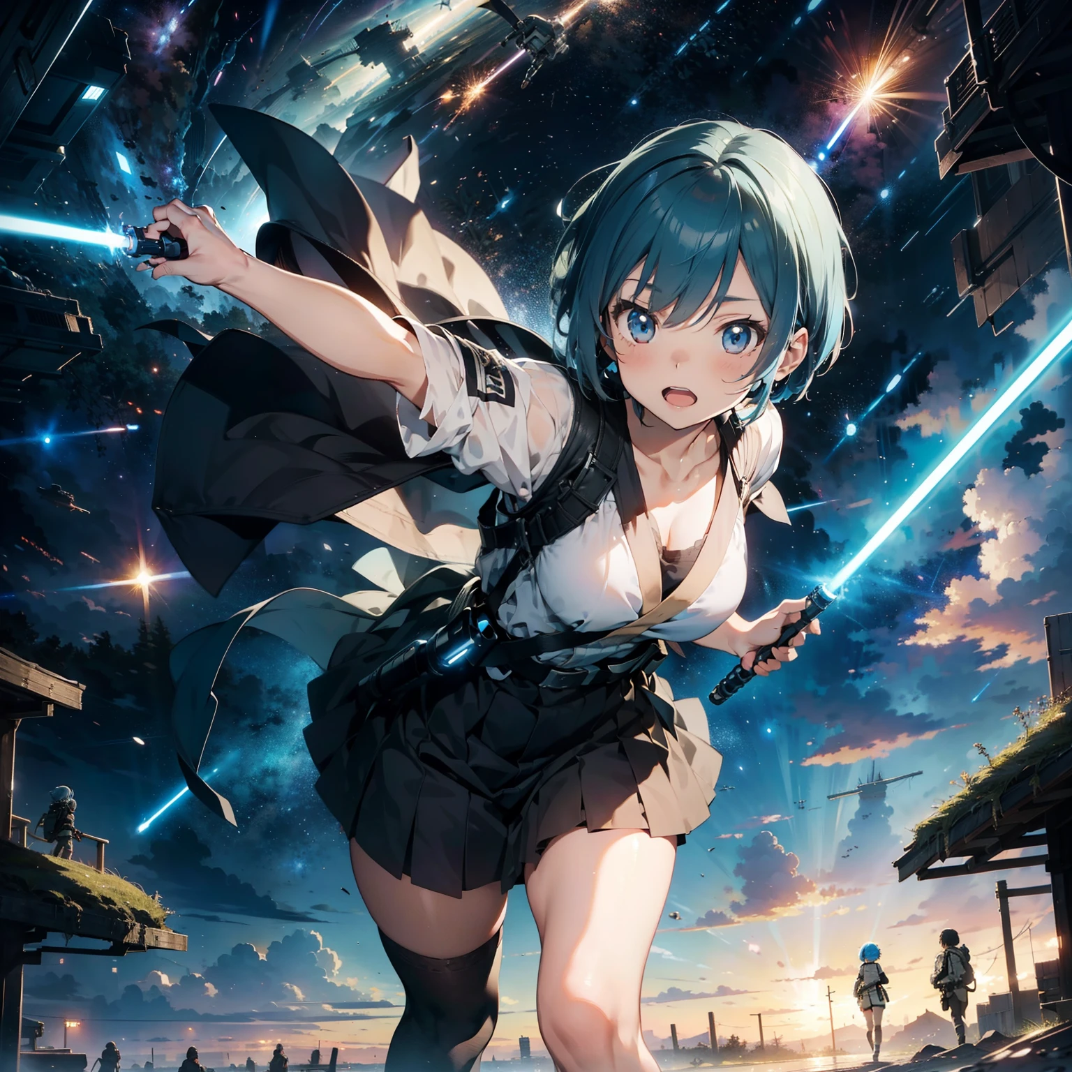 masterpiece, high quality, high detail, japanese anime illustration, a beautihul woman with light blue short hair, battle field, have a lightsaber, fighting aliens, in futurity city