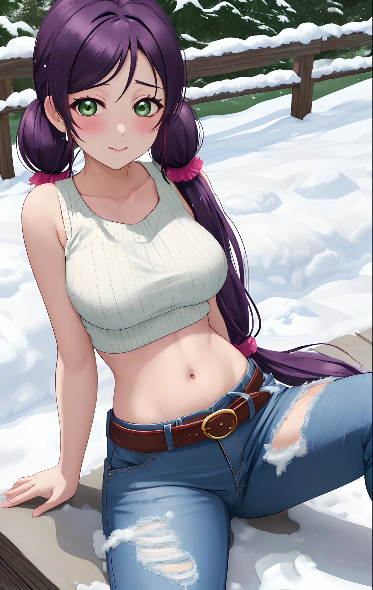 Toujo nozomi, green eyes, low twintails, sweater, sleeveless,midriff,(sexy navel),red moist navel,denim pants,belt, hips, llchar,big breasts, outdoors, arms behind,snow, blushing, sitting,spread legs