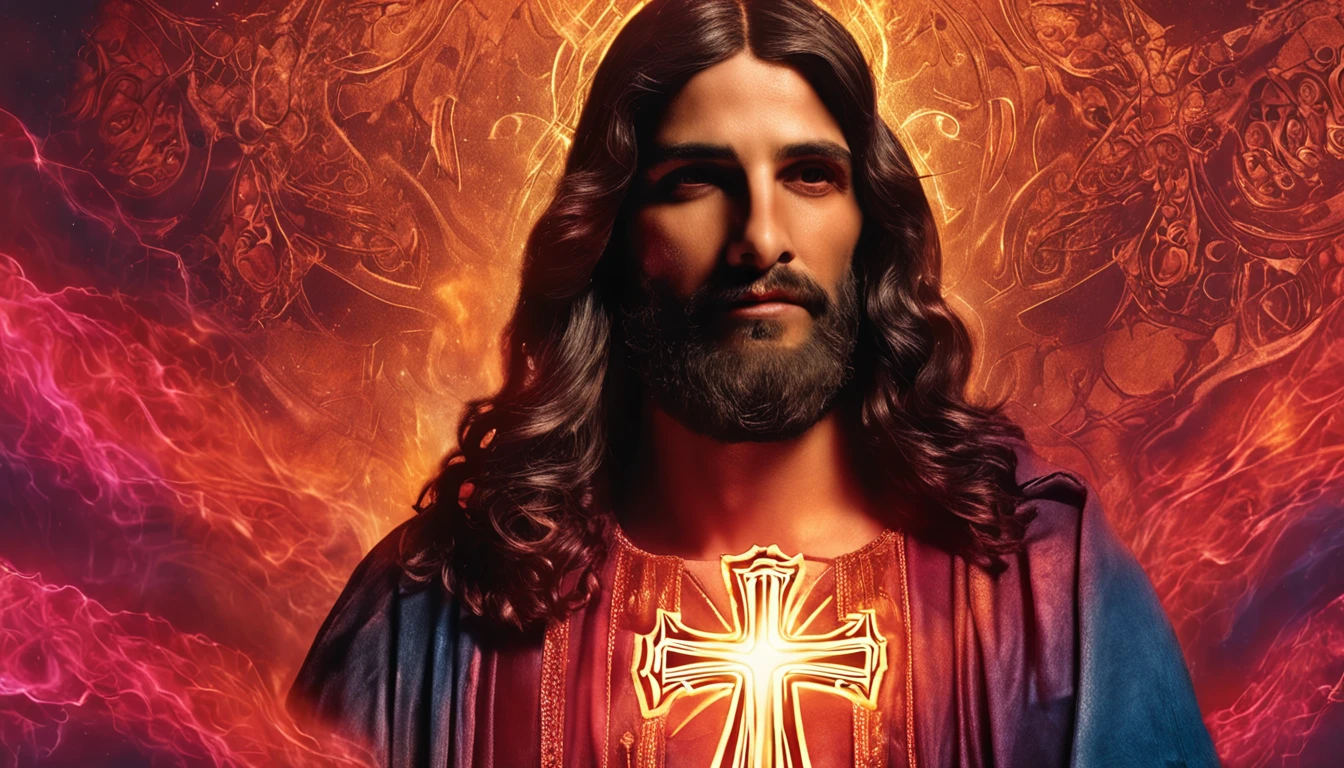 O rosto do Jesus Cristo com chamas de fogo ao fundo da imagem ((imagem epica)), ((alta qualidade))