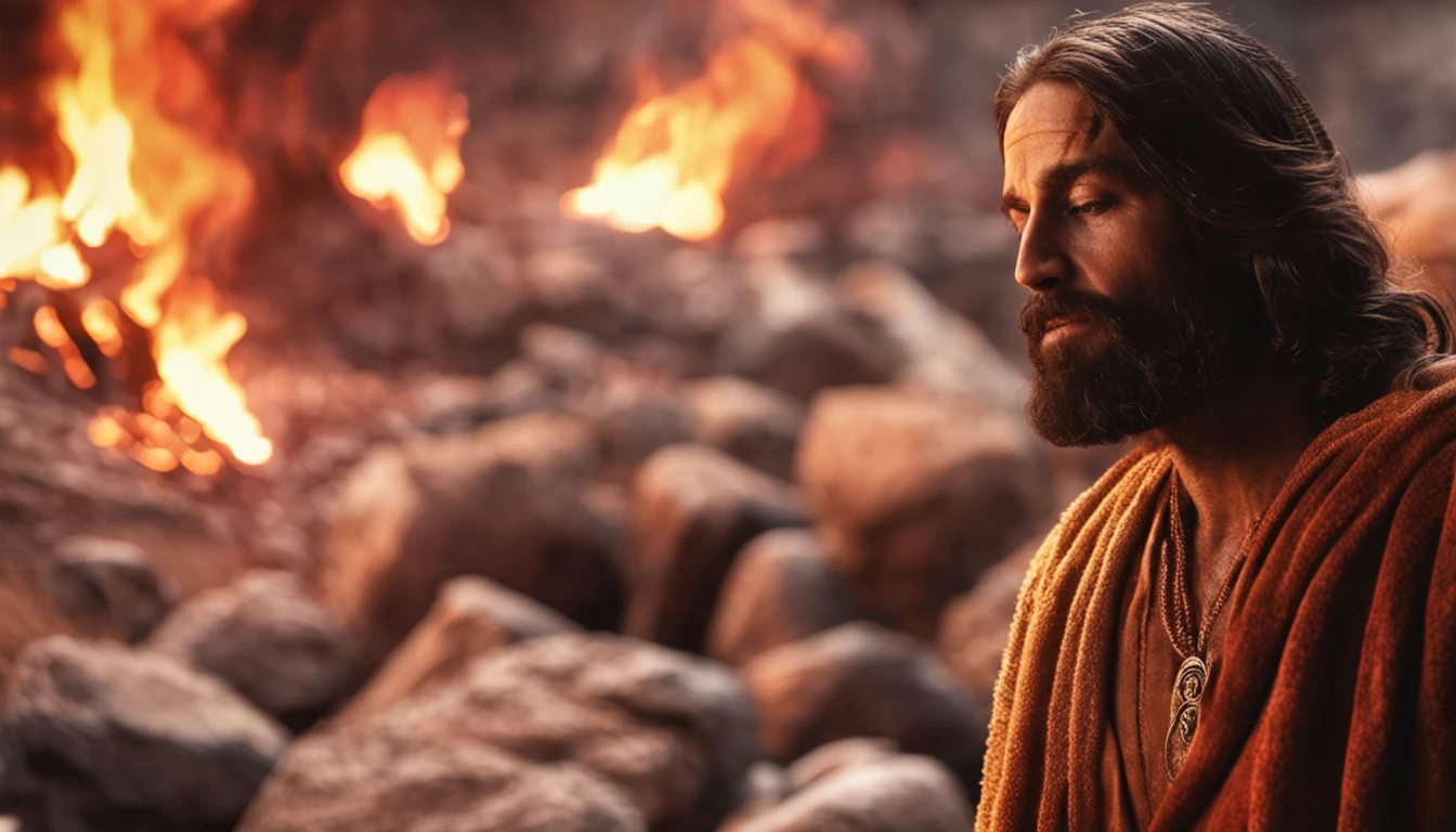 O rosto do Jesus Cristo com chamas de fogo ao fundo da imagem ((imagem epica)), ((alta qualidade))