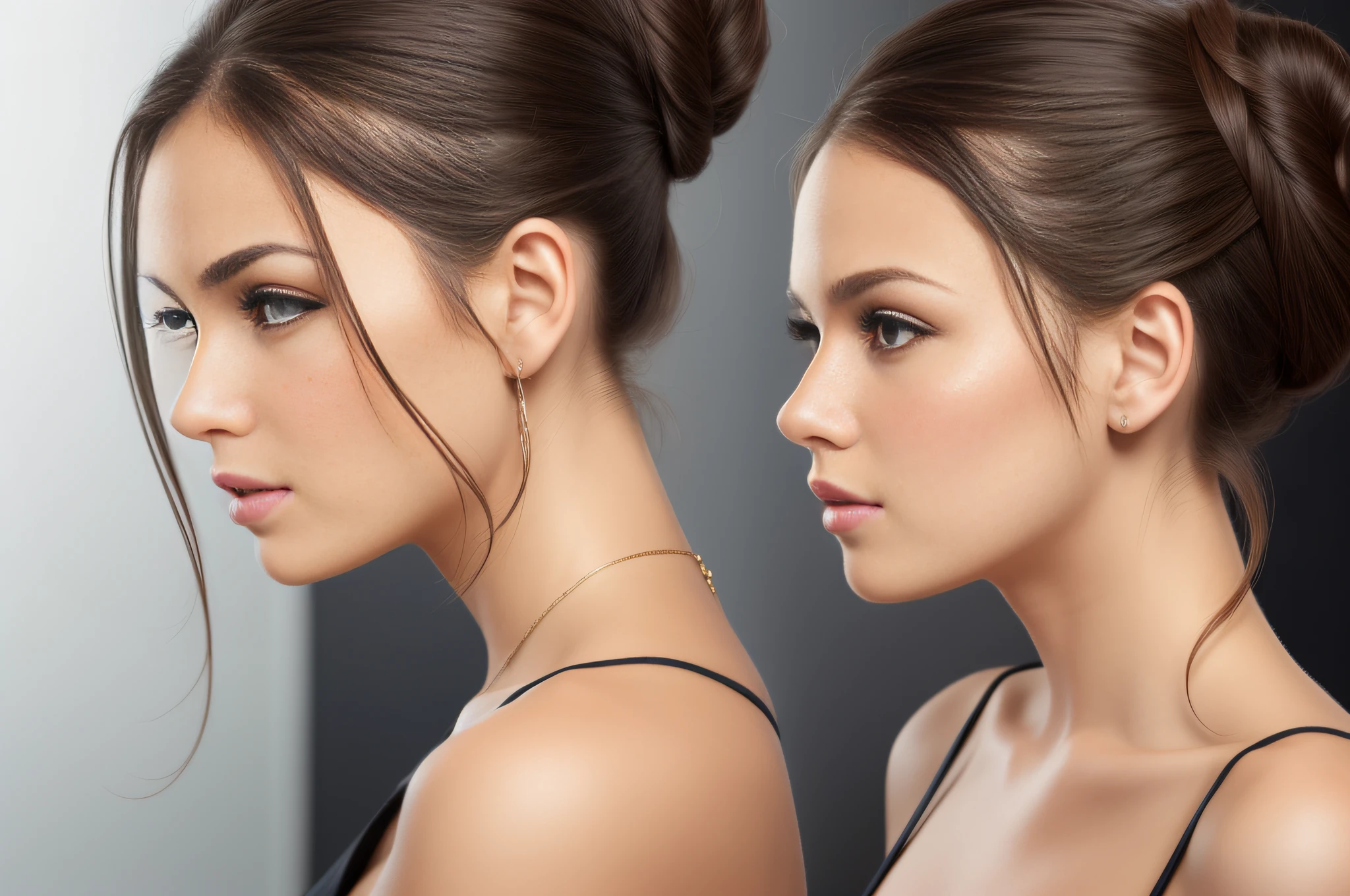 a beautiful woman, stock photo, studio beauty photography, hair in bun,