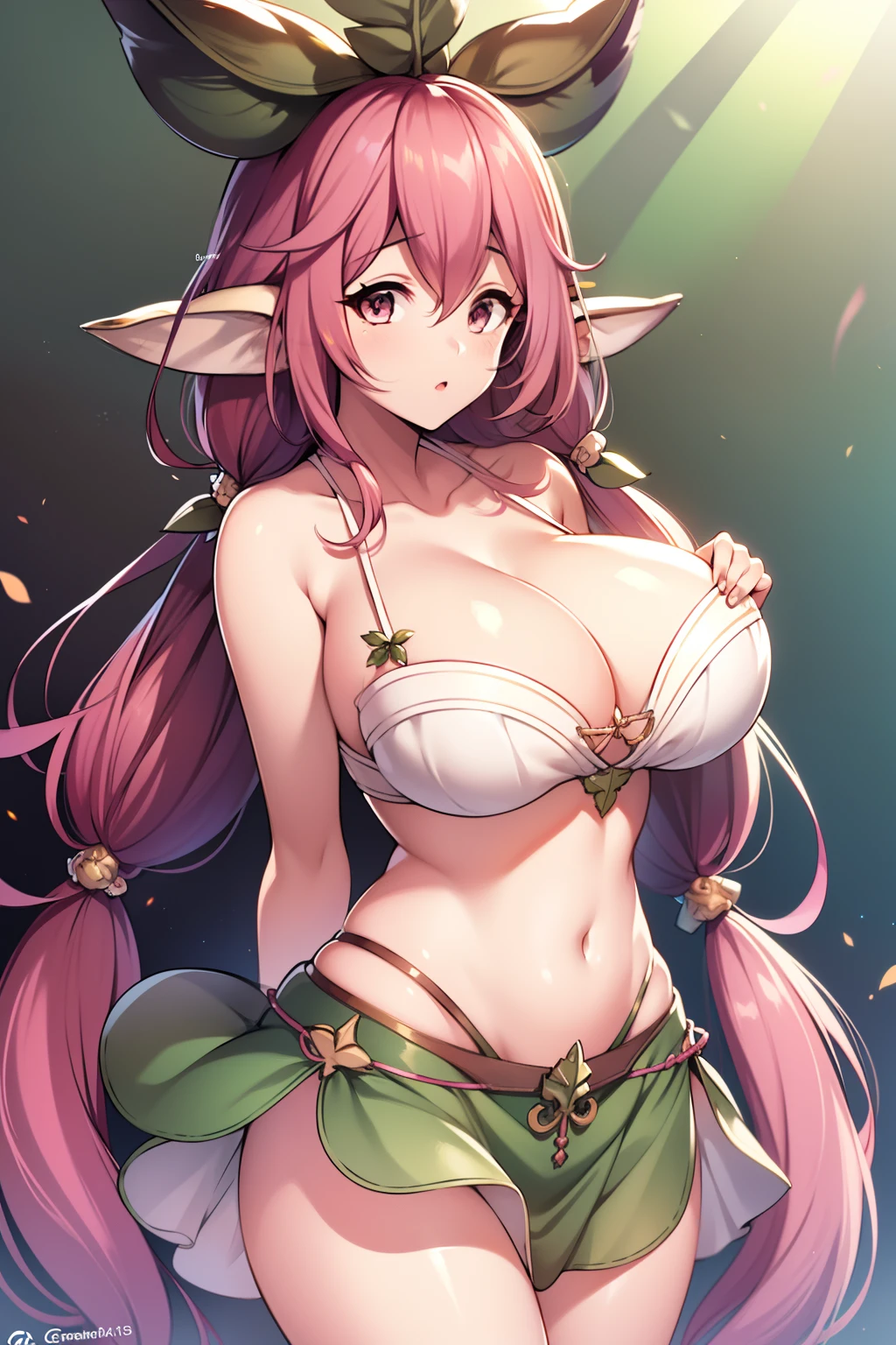 1girl, :o, alternate_color, breasts, cleavage, commentary_request, cowboy_shot, granblue_fantasy, large_breasts, long_hair, looking_at_viewer, monikon13, monster_girl, pink_eyes, pink_hair, plant_girl, quad_tails, skirt, solo, sparkle, tail, very_long_hair, yggdrasil_(granblue_fantasy)