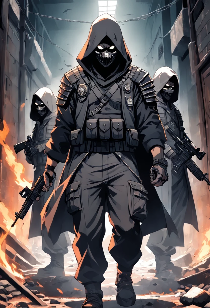 Three cops with the super detailed face of sinister skull and black hood, com os olhos super detalhados e sinistros, com um sorriso super detalhado e sinistro，With two daggers in his hands，Special Forces style, estilo assassino, com um rifle de assalto fuzil nas costas, Facing a super detailed penitentiary and catching fire, sinister and burning penitentiary, Penitentiary door similar to urban battlefield, Credo dos Assassinos. Make sure there is no noise and that the lines are thick and sharp like contour art, (((pose interagindo e se apoiando [em uma objeto|em algo no ambiente]))), foco em um quadro vertical da imagem."((corpo inteiro):1.5). 16k, UHD, best possible quality, ((best possible detail):1), best possible resolution, Motor Unreal 5, fotografia profissional, perfect hands, (perfeito:1.2)