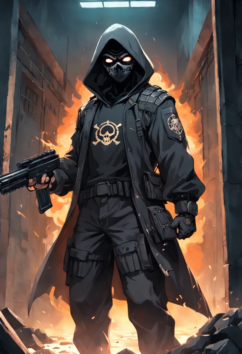Three cops with the super detailed face of sinister skull and black hood, com os olhos super detalhados e sinistros, com um sorriso super detalhado e sinistro，With two daggers in his hands，Special Forces style, estilo assassino, com um rifle de assalto fuzil nas costas, Facing a super detailed penitentiary and catching fire, sinister and burning penitentiary, Penitentiary door similar to urban battlefield, Credo dos Assassinos. Make sure there is no noise and that the lines are thick and sharp like contour art, (((pose interagindo e se apoiando [em uma objeto|em algo no ambiente]))), foco em um quadro vertical da imagem."((corpo inteiro):1.5). 16k, UHD, best possible quality, ((best possible detail):1), best possible resolution, Motor Unreal 5, fotografia profissional, perfect hands, (perfeito:1.2)