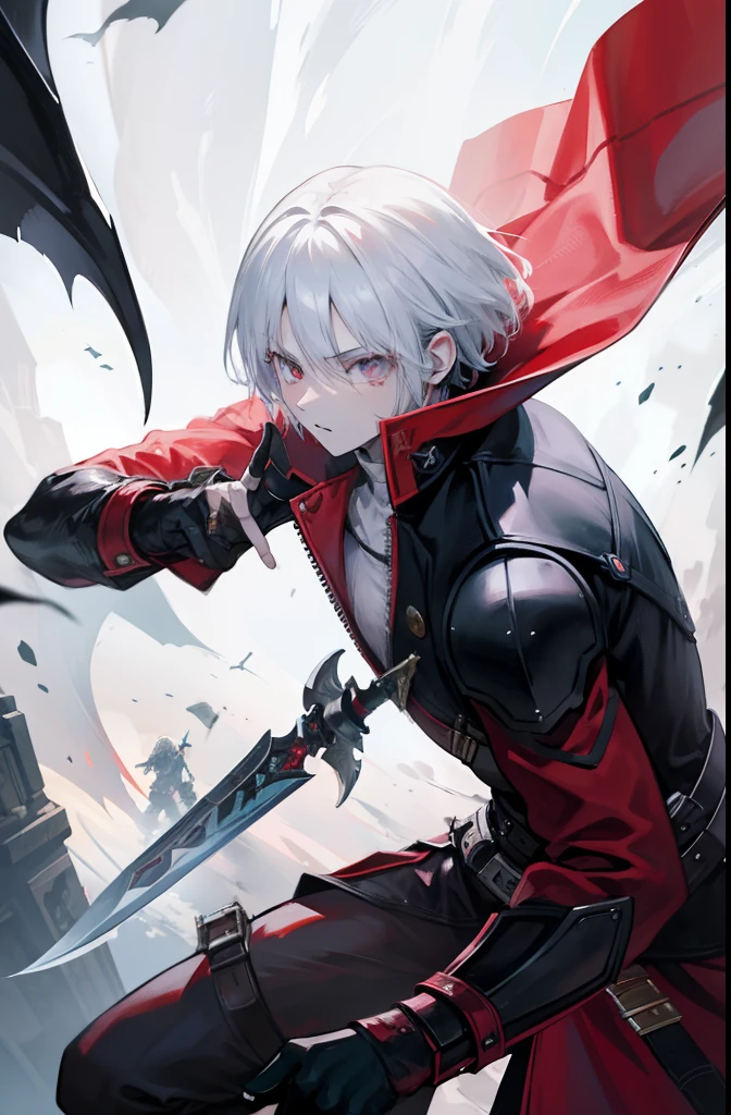 "Um intenso, Devil May Cry's action-packed scene with a protagonist with stunning white hair and silver eyes, engaging in intense sword fights and firing dual weapons at menacing demons."