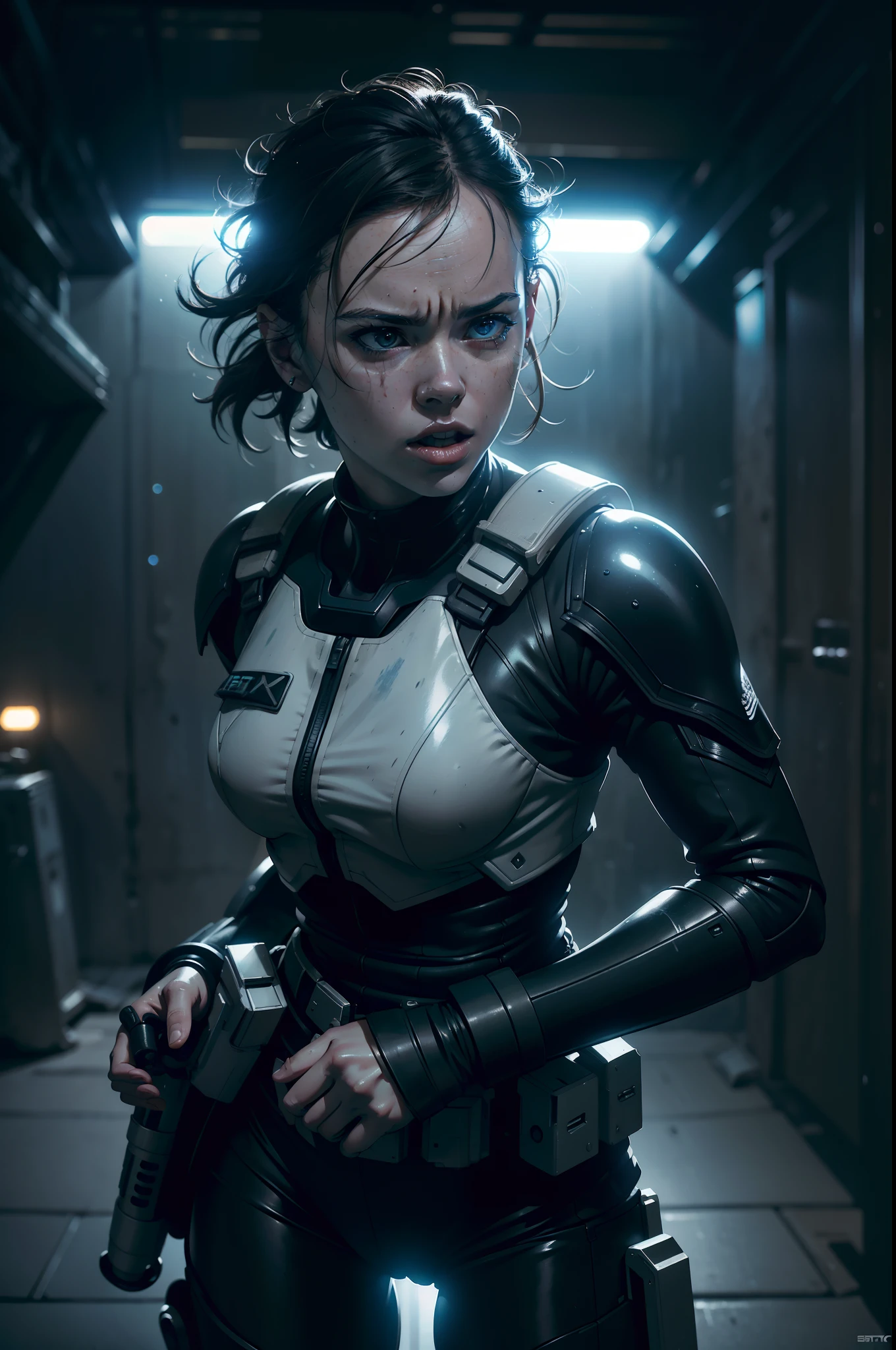 a close up action of epic Sci fi hot Daisy Ridley fighting, Detailed clothing details, Liquid effect, space, Interstellar battlefield photography, natural light, photorealism, cinematic rendering, ray tracing, the highest quality, the highest detail, Cinematic, Third-Person View, Blur Effect, Long Exposure, 8K, Ultra-HD, Natural Lighting, Moody Lighting, Cinematic Lighting